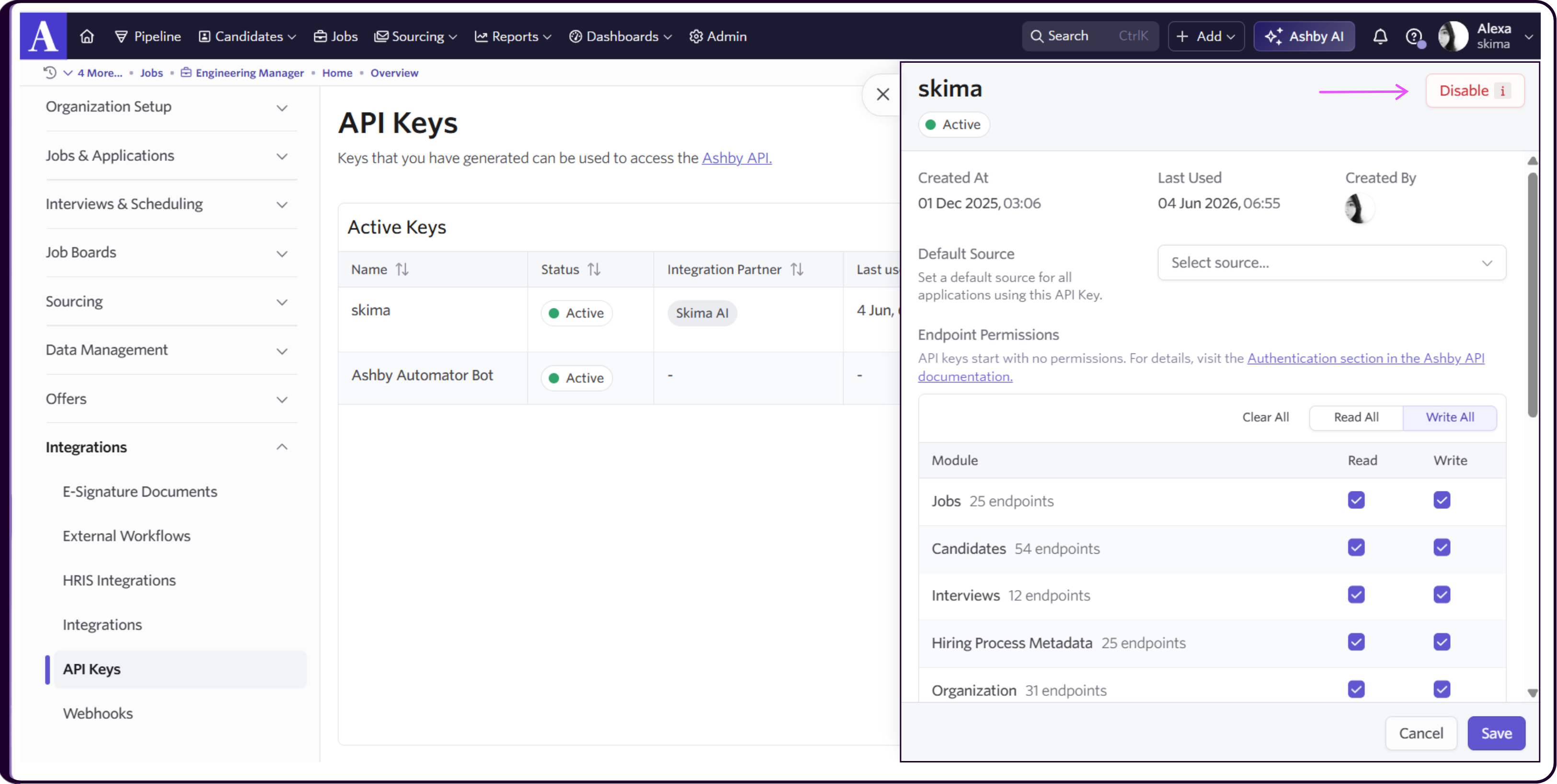 Ashby Admin Settings API Keys page showing Skima AI connection with Disable option