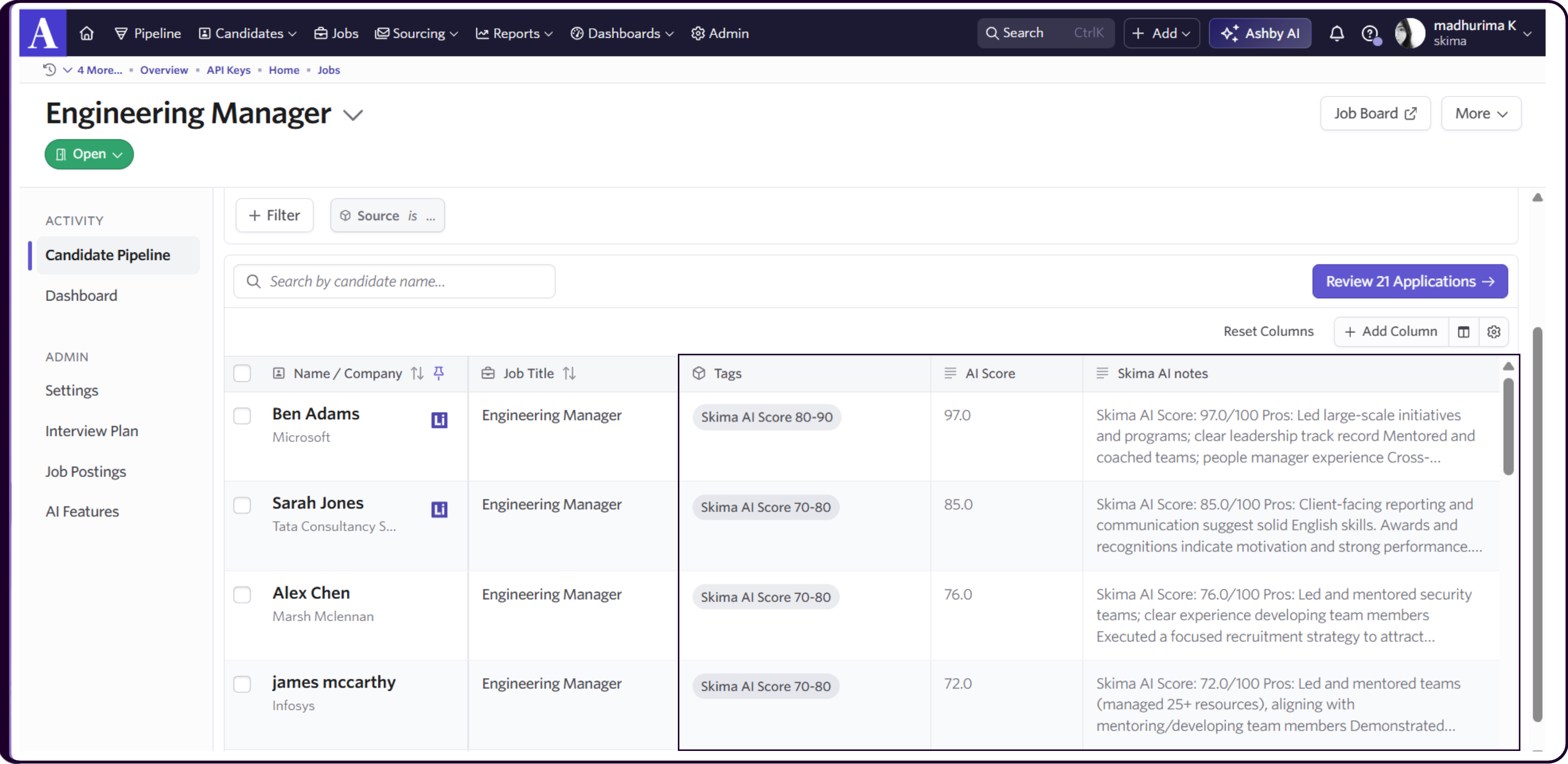Custom fields configuration in Ashby showing AI score and notes push from Skima AI