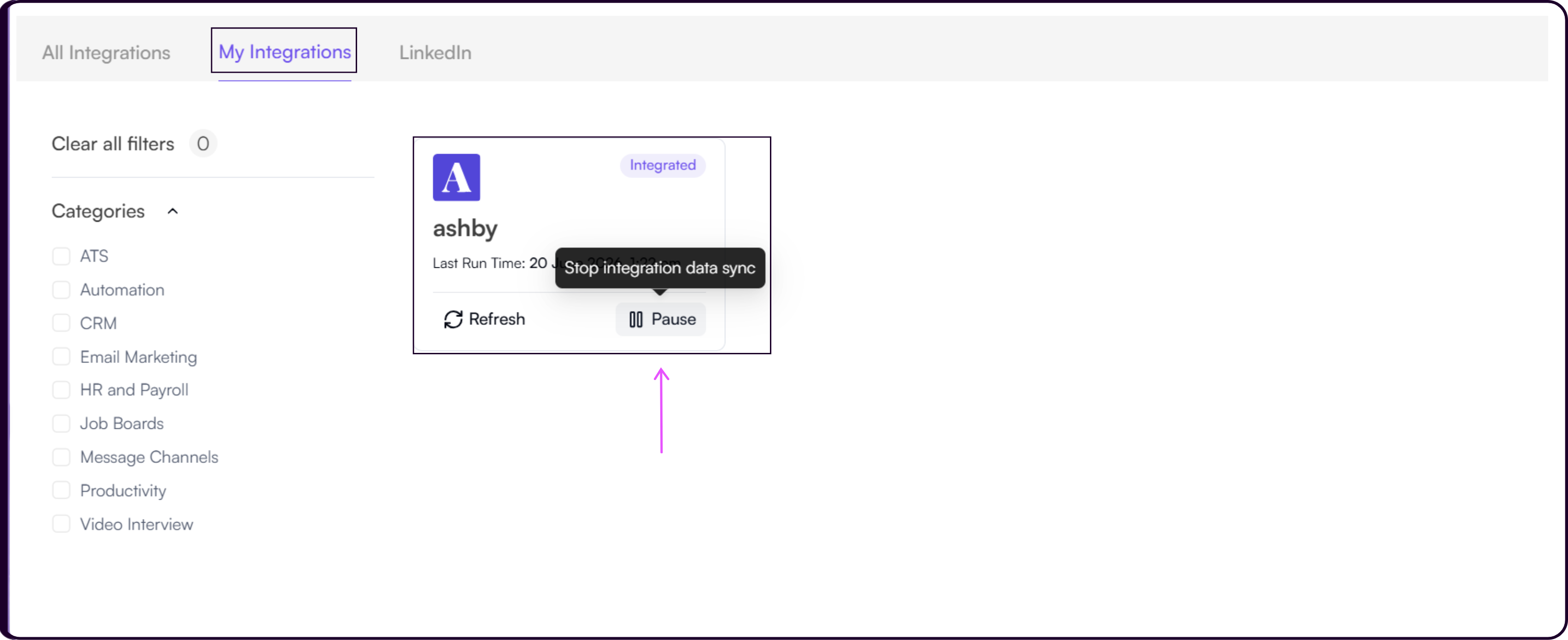 My Integrations page showing Ashby integration with Pause option to stop syncing