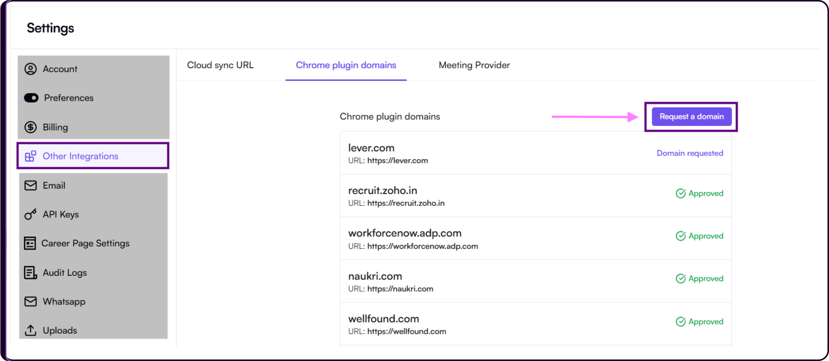 Skima AI Settings showing Chrome Plugin Domains section with Request Domain option for adding new resume download sources