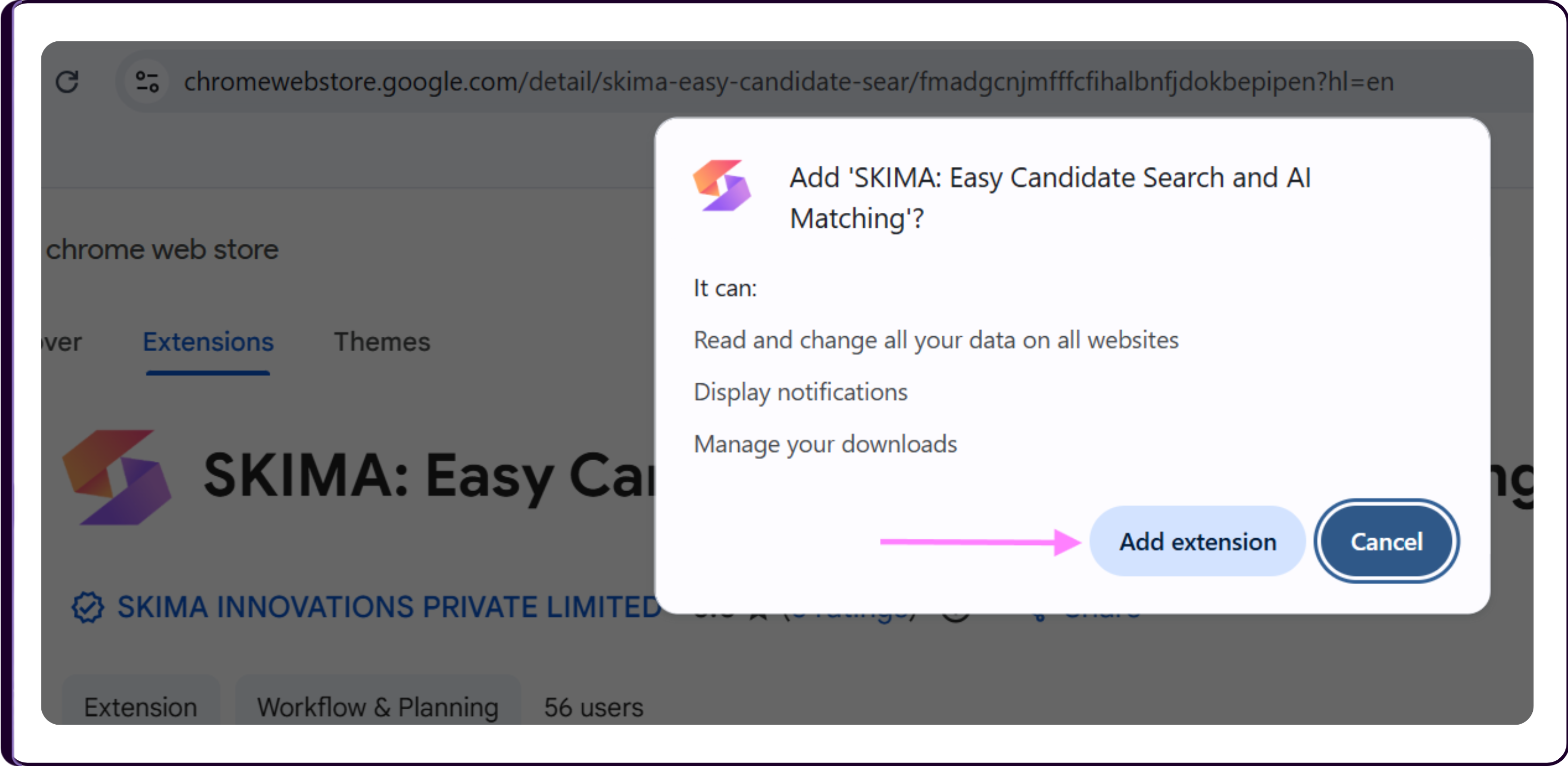 Chrome extension permissions popup with Add Extension confirmation dialog for Skima AI