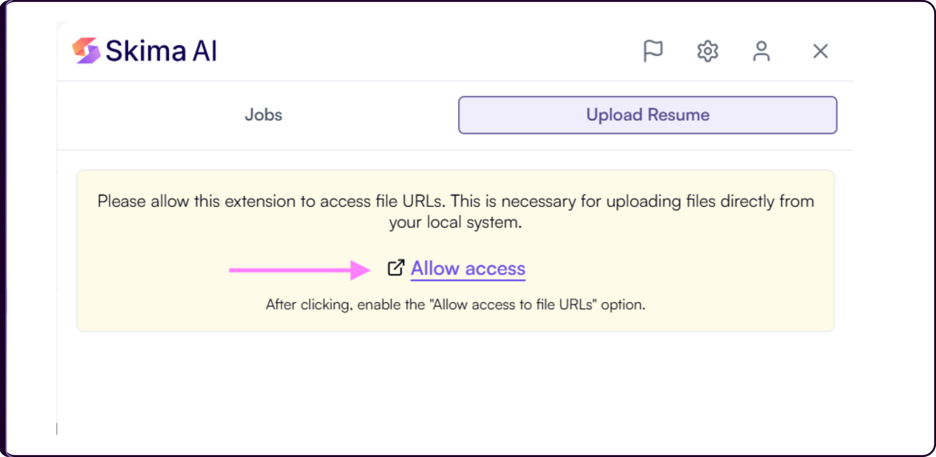 Upload Resume tab in Skima AI Chrome Extension prompting to allow access to files and URLs