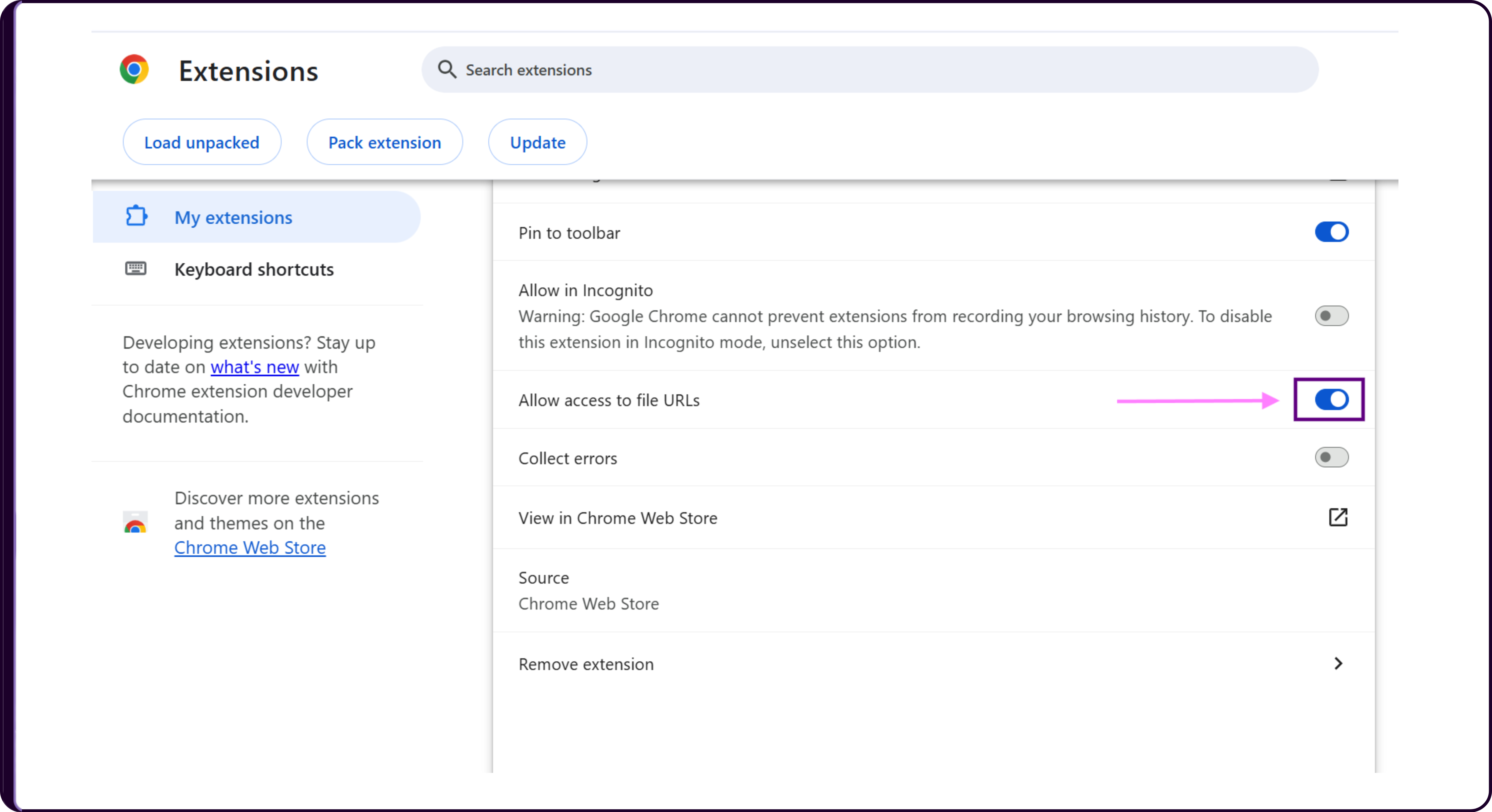 Chrome Extension Settings showing Skima AI Extension with Allow access to file URLs toggle