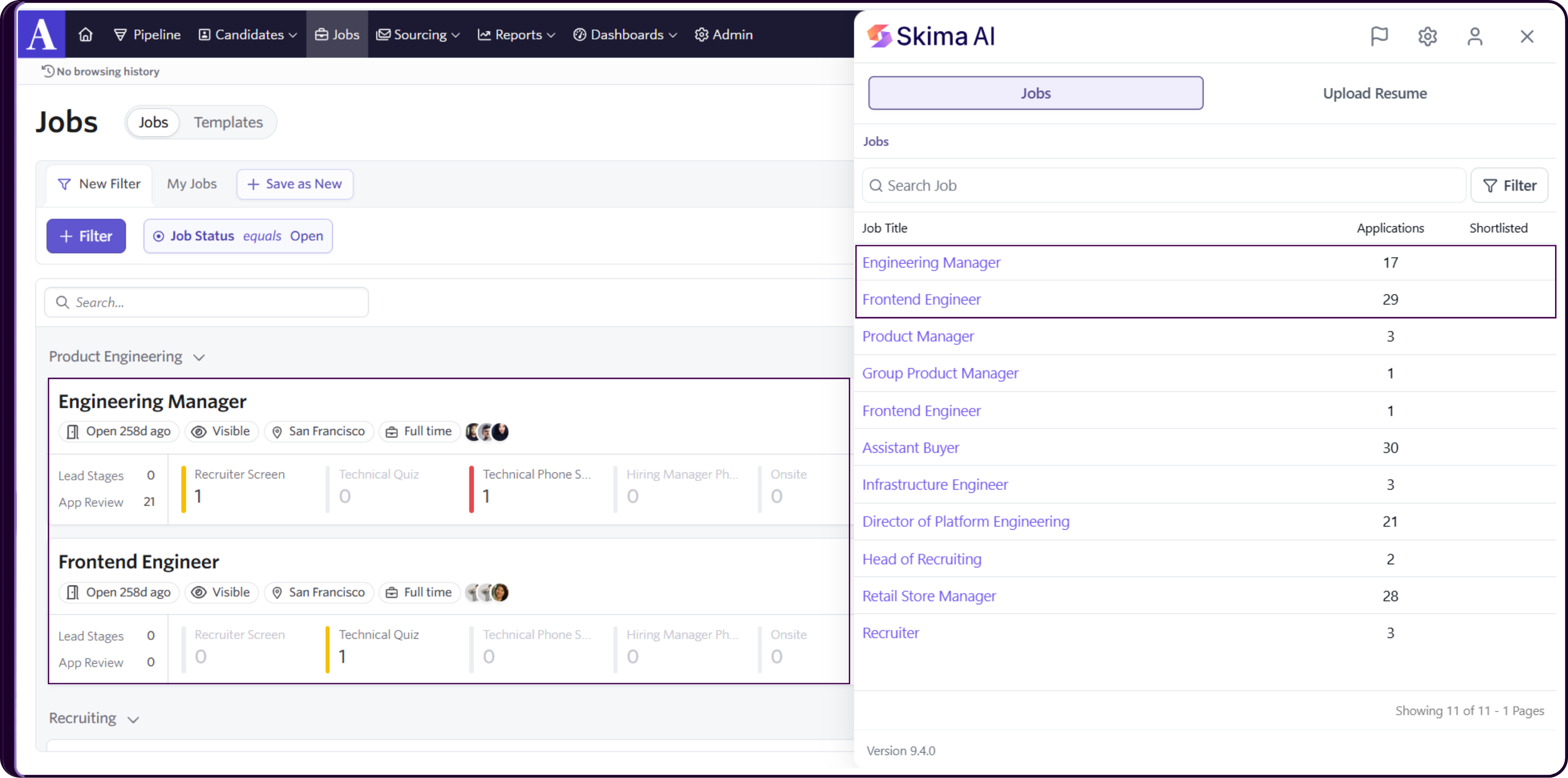 Skima AI Firefox Extension panel inside ATS showing job postings with candidate counts and AI hiring insights