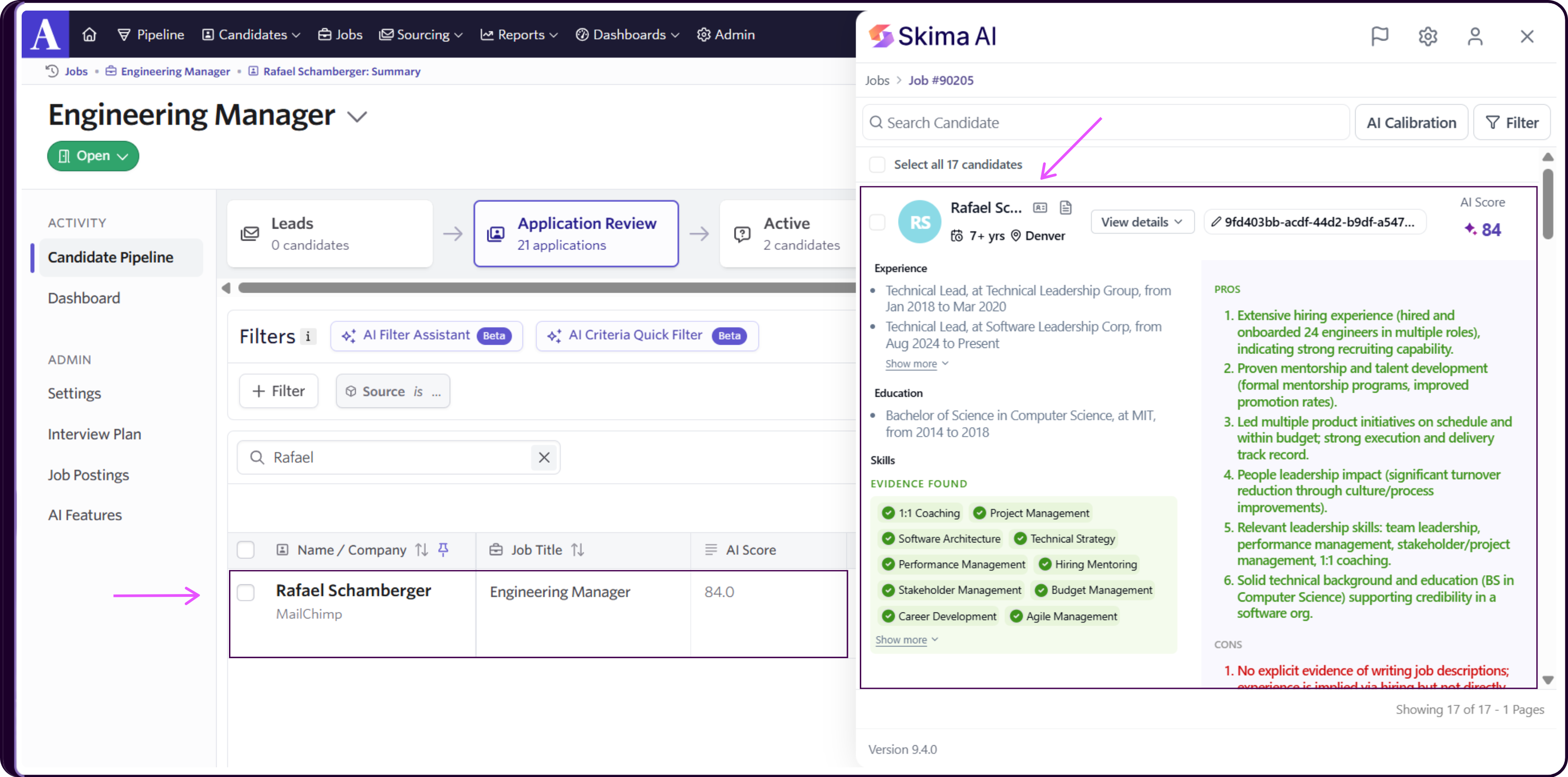 Extension showing candidate list with AI scores, parsed information, and application status inside the ATS