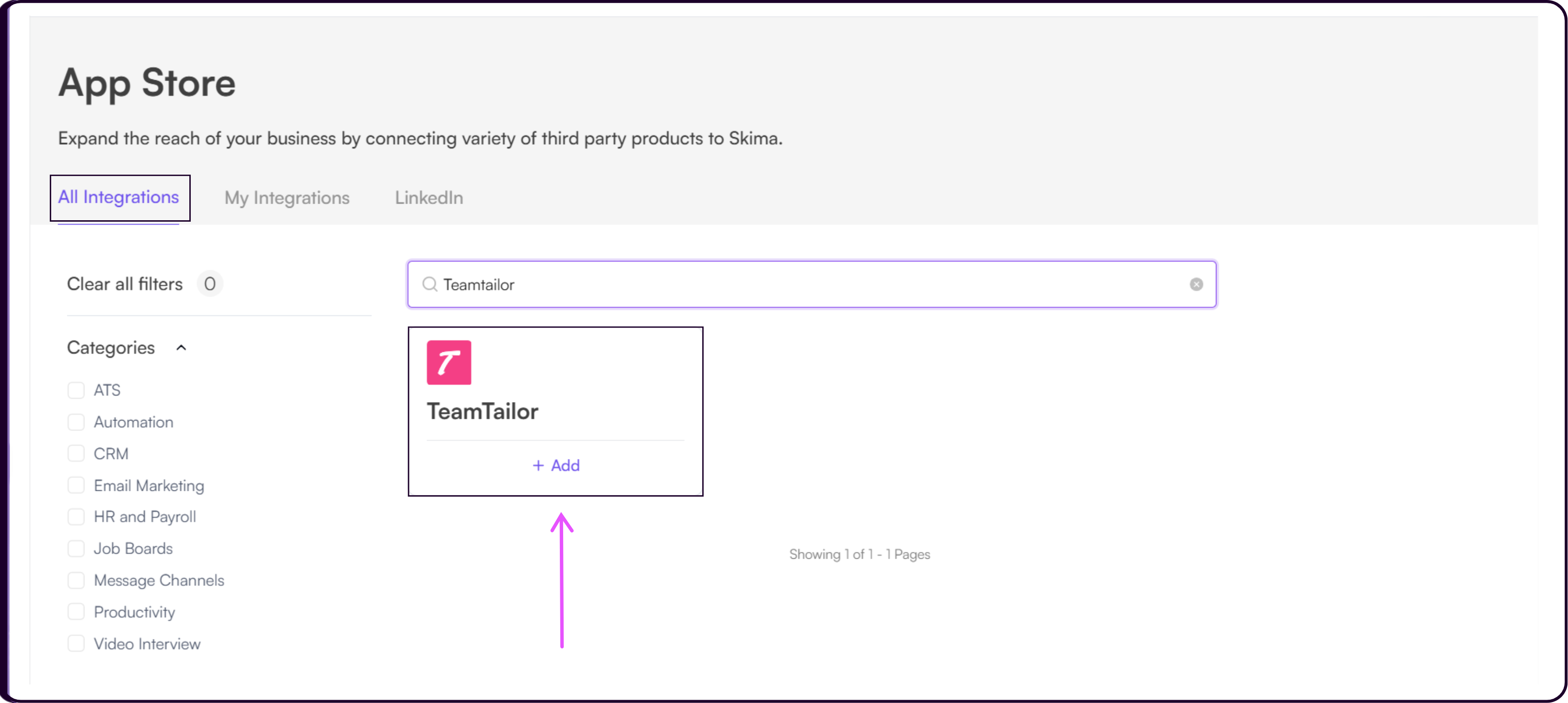 Teamtailor integration card in Skima AI Integrations page with Add button to begin setup