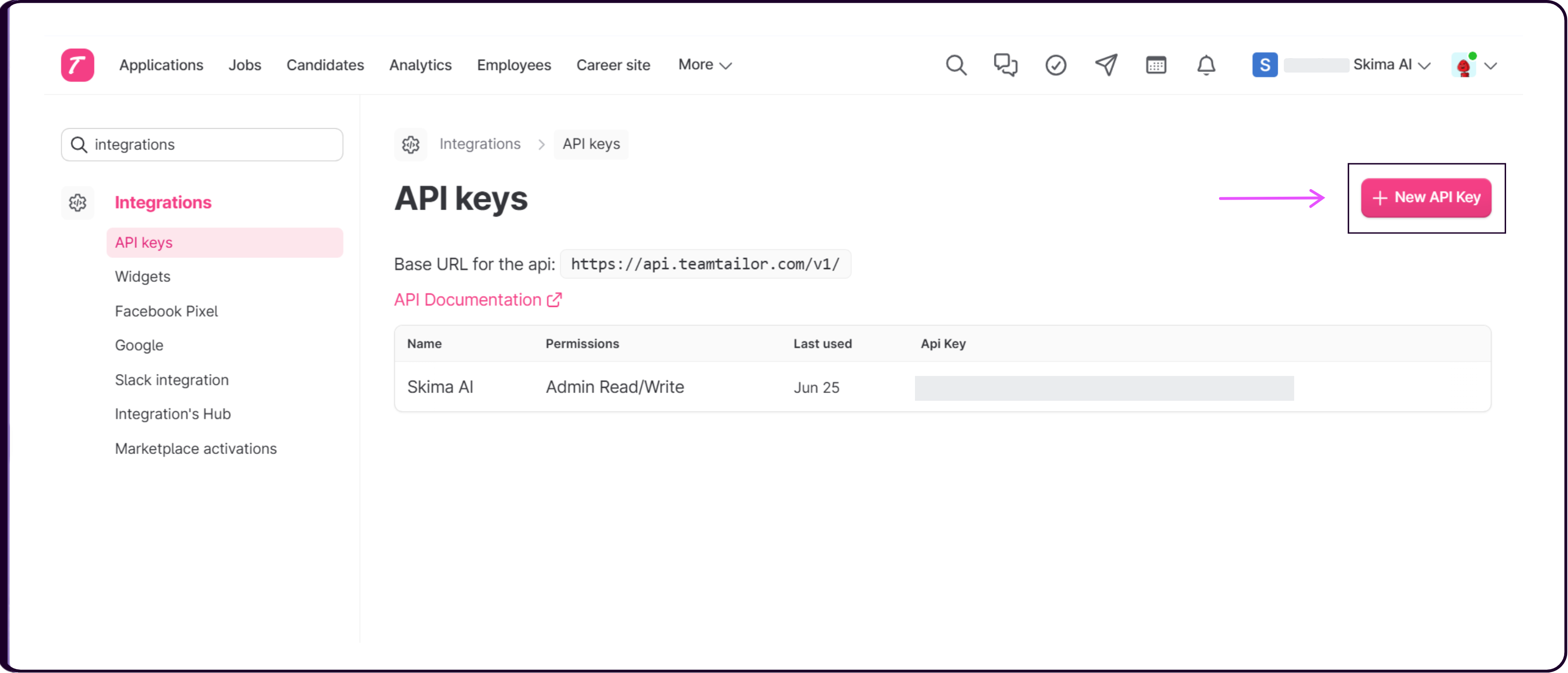 Log in to Teamtailor and navigate to Settings then Integrations → API Keys