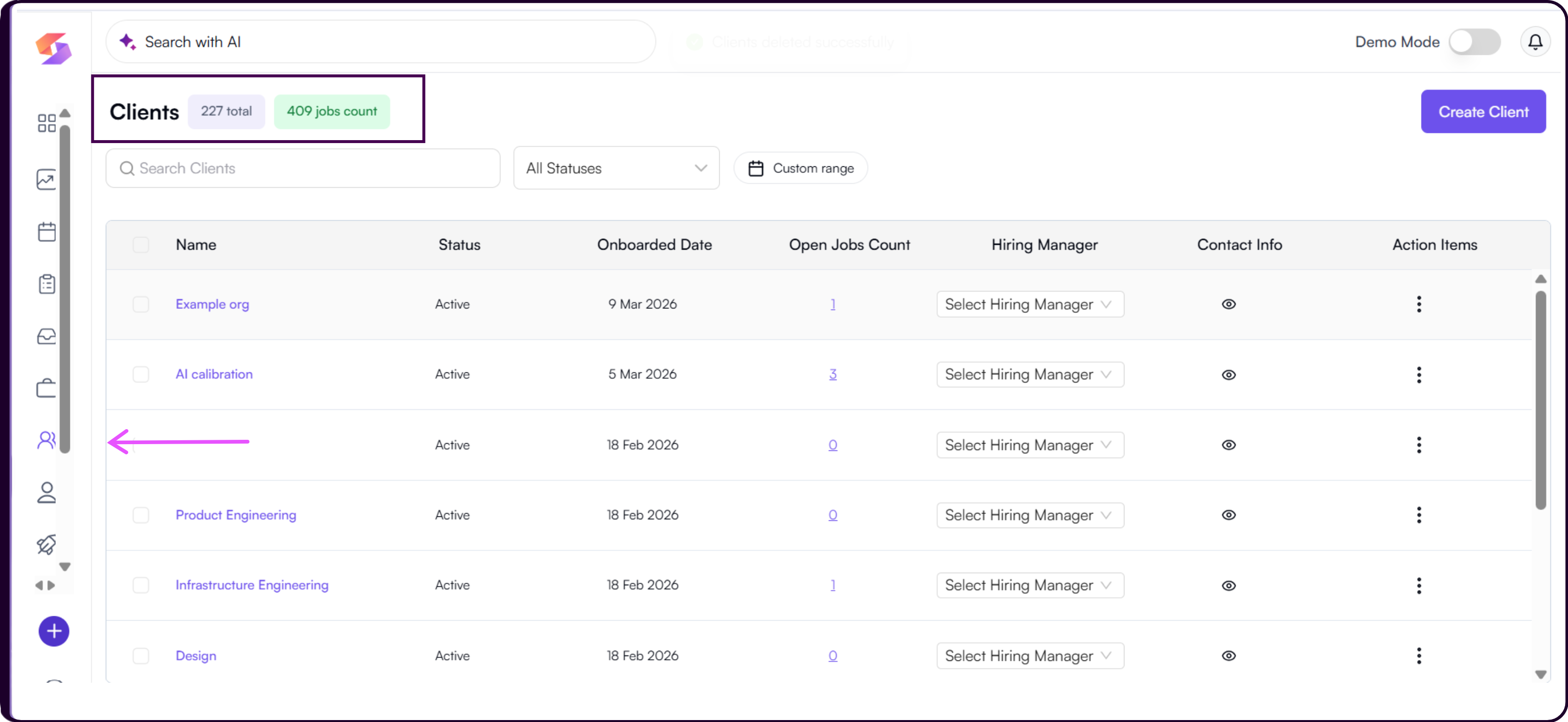 Skima AI Clients page showing all client accounts with total clients and total jobs summary