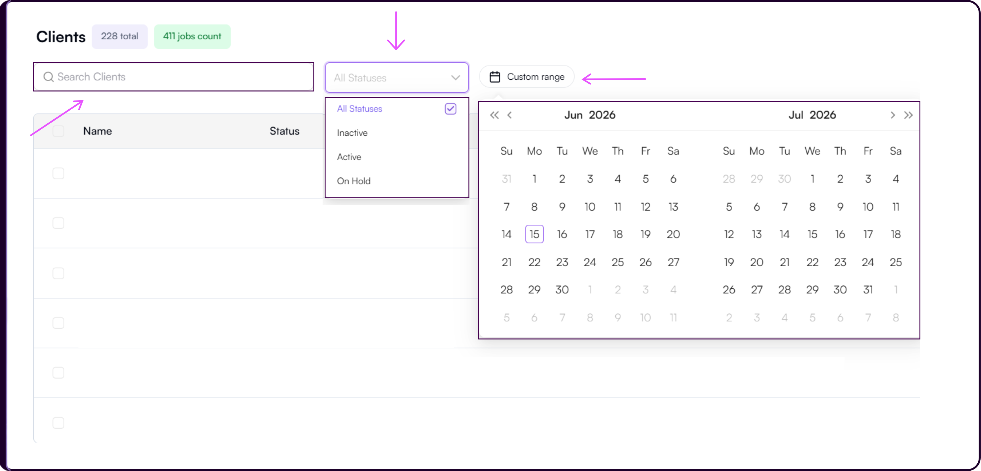 Clients page with search bar, status filter dropdown, and custom date range picker