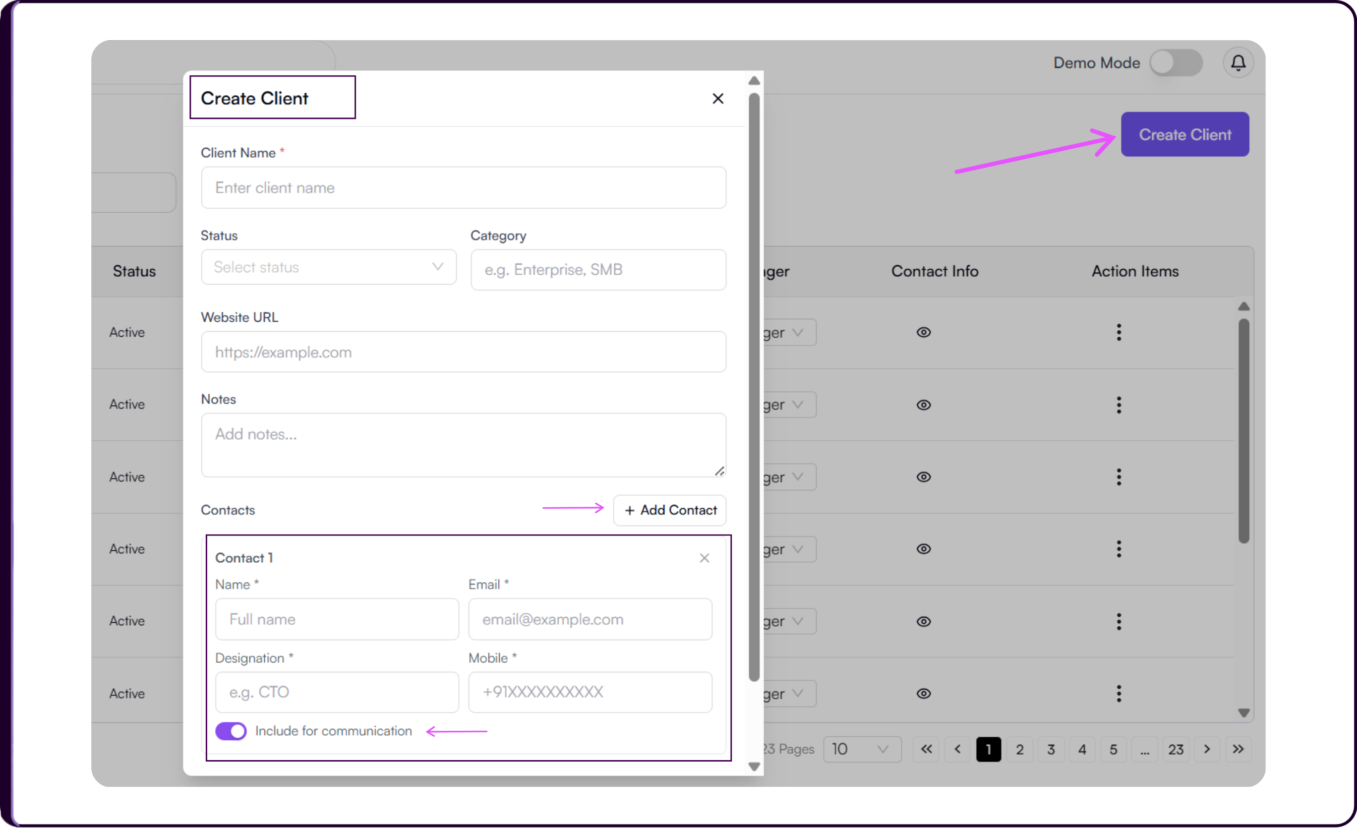 Create Client modal with fields for client name, status, category, website URL, notes, and contacts