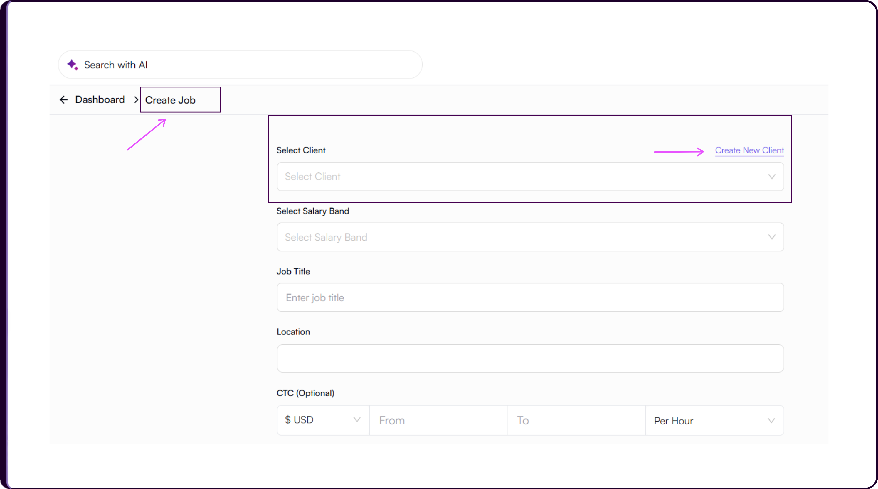 Job creation form showing Select Client and Create New Client options at the top