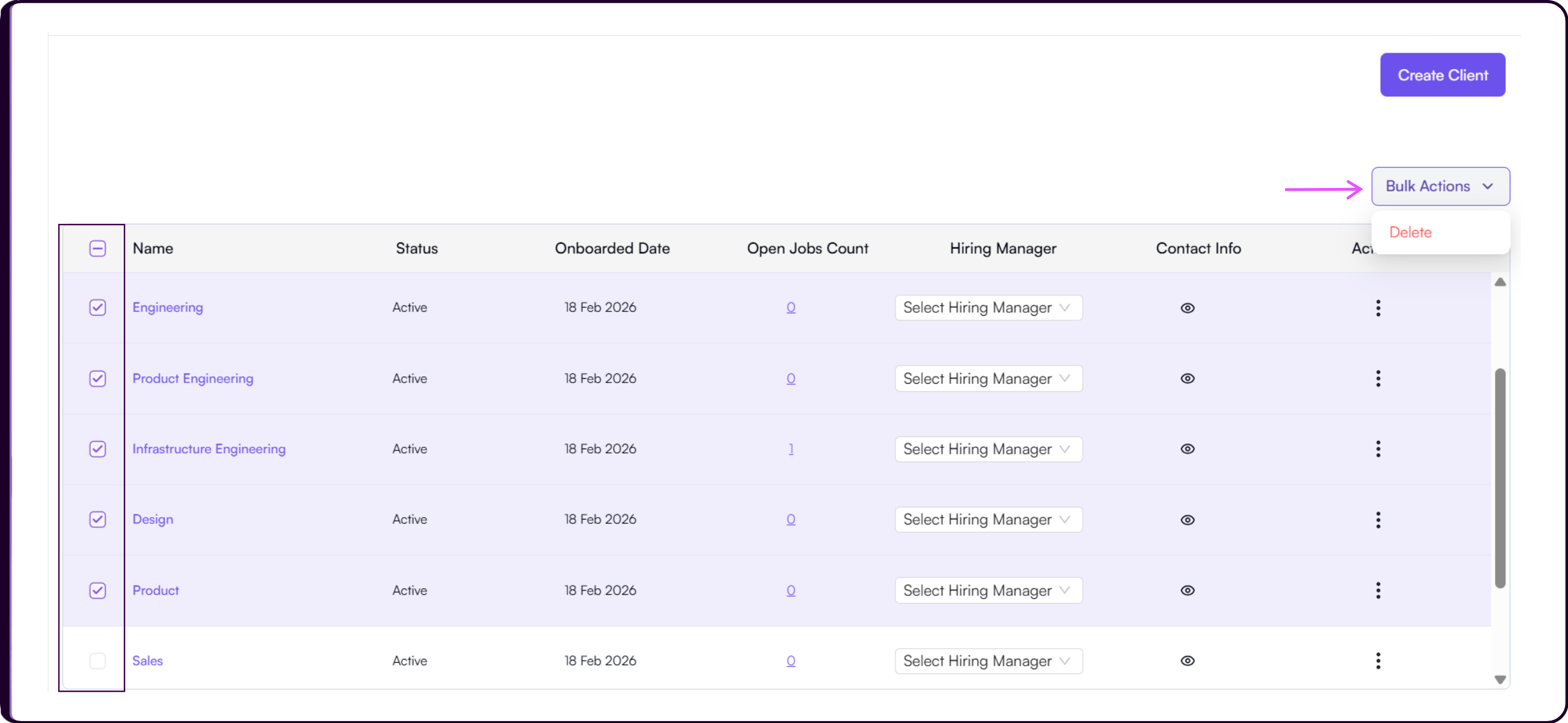 Clients table with multiple records selected and Bulk Actions button for performing updates across several records