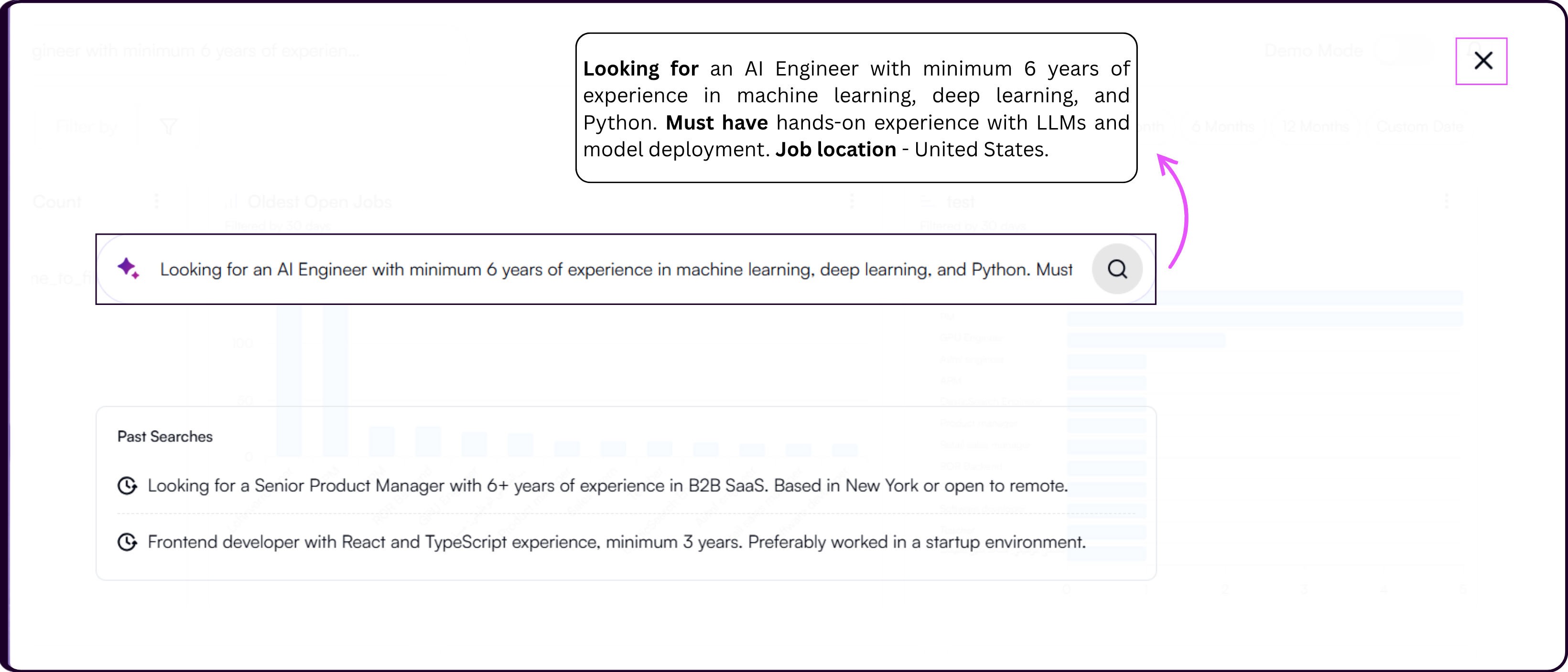 AI search bar with a natural language query typed for finding candidates with specific skills and experience