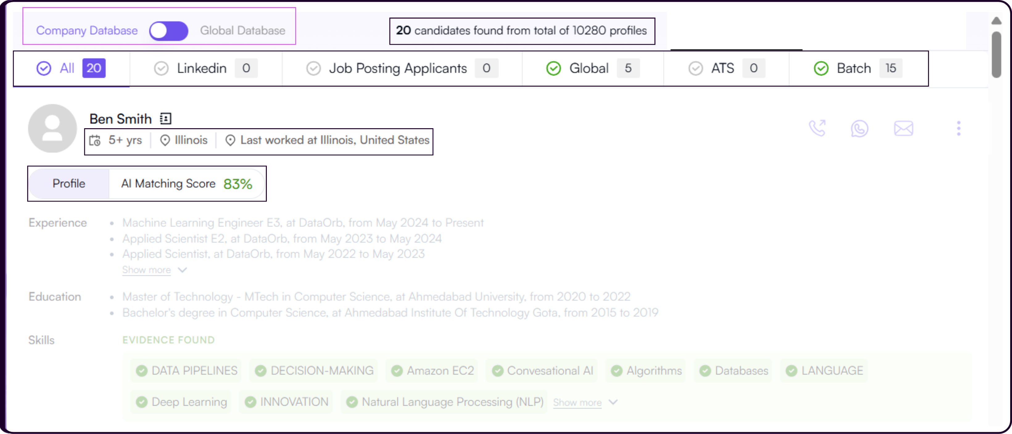 AI search results panel showing ranked candidates with AI matching scores, experience, location, and last employer