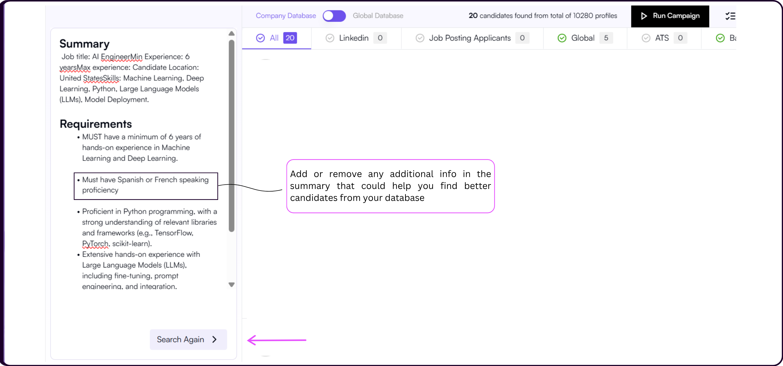 AI search summary panel showing editable requirements, experience range, and location criteria with Search Again button