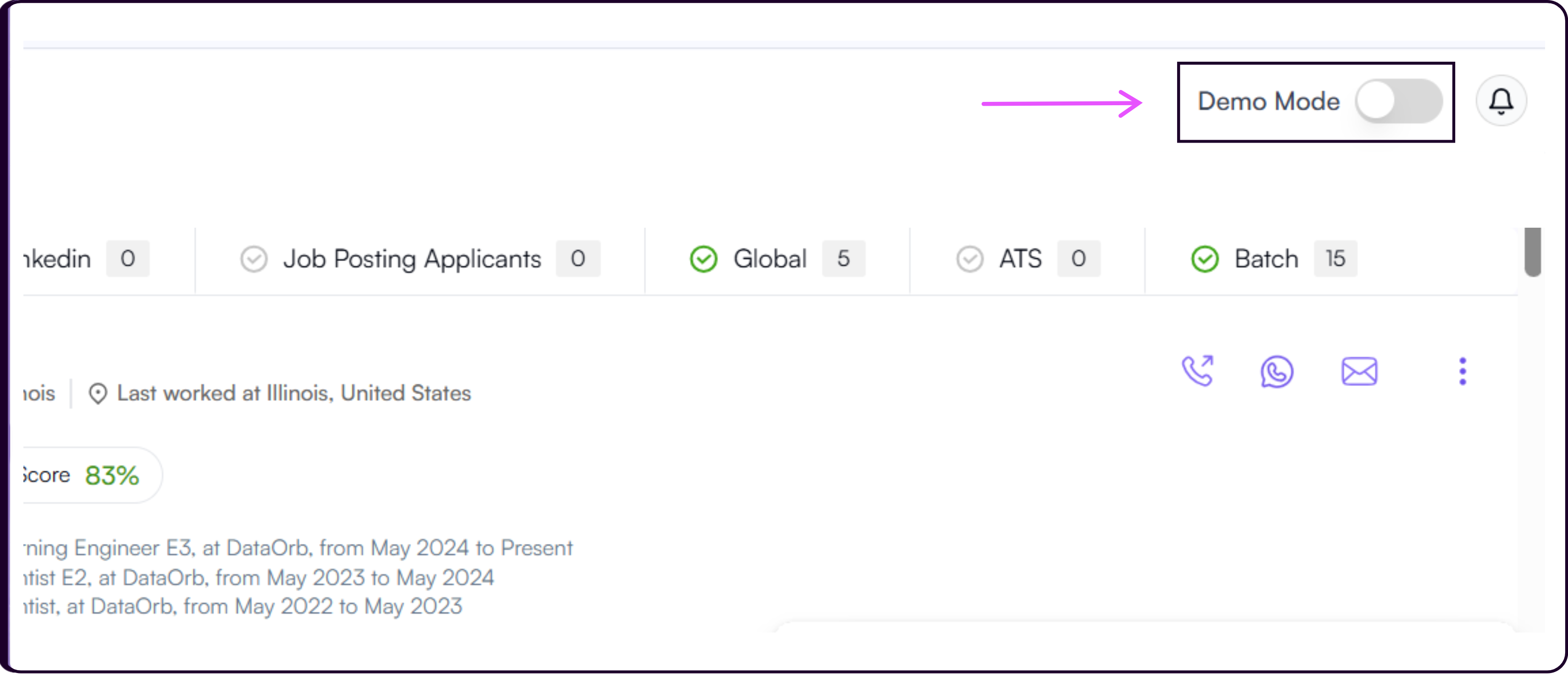 Demo Mode toggle in the top-right navigation for exploring AI search with a pre-filled candidate database