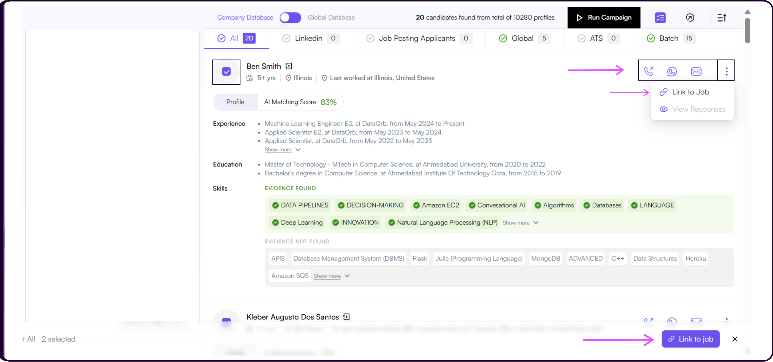 Candidate card three-dots menu showing the Link to Job option for assigning a candidate to an existing job