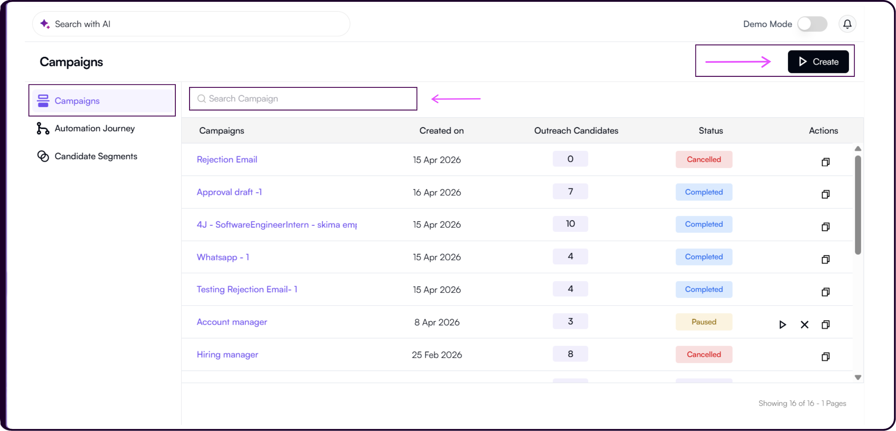 Campaigns tab main workspace showing the Create button to start building a new outreach campaign