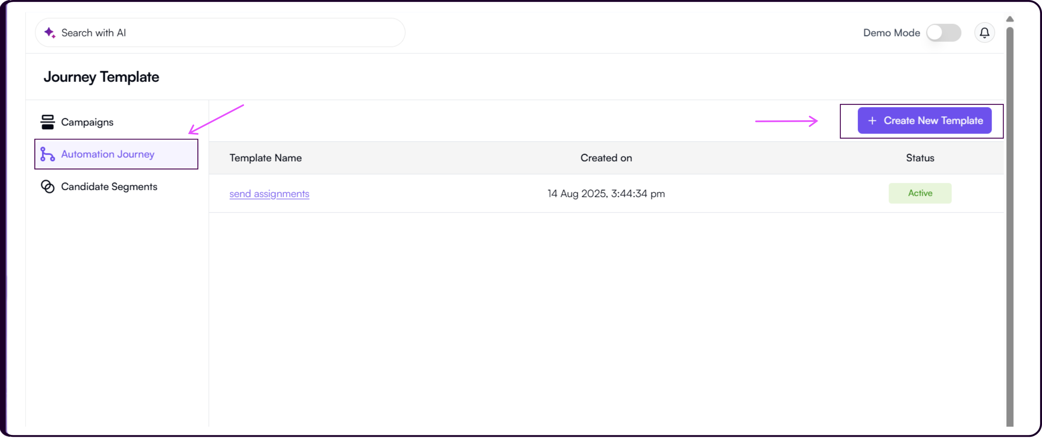 Automation Journey tab showing the Create New Template button for building reusable campaign flow templates