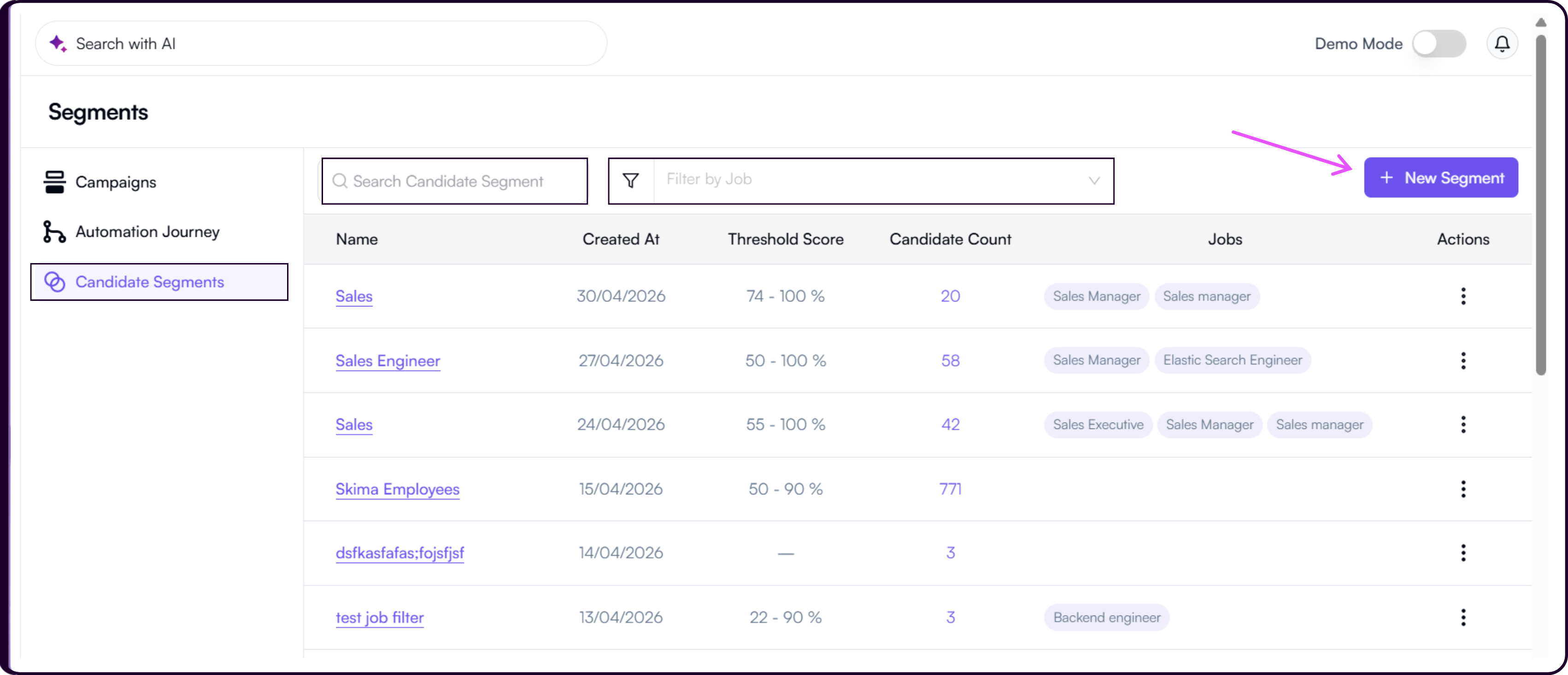 Create Candidate Segment modal showing title, segment type, job association, and relevancy score threshold configuration