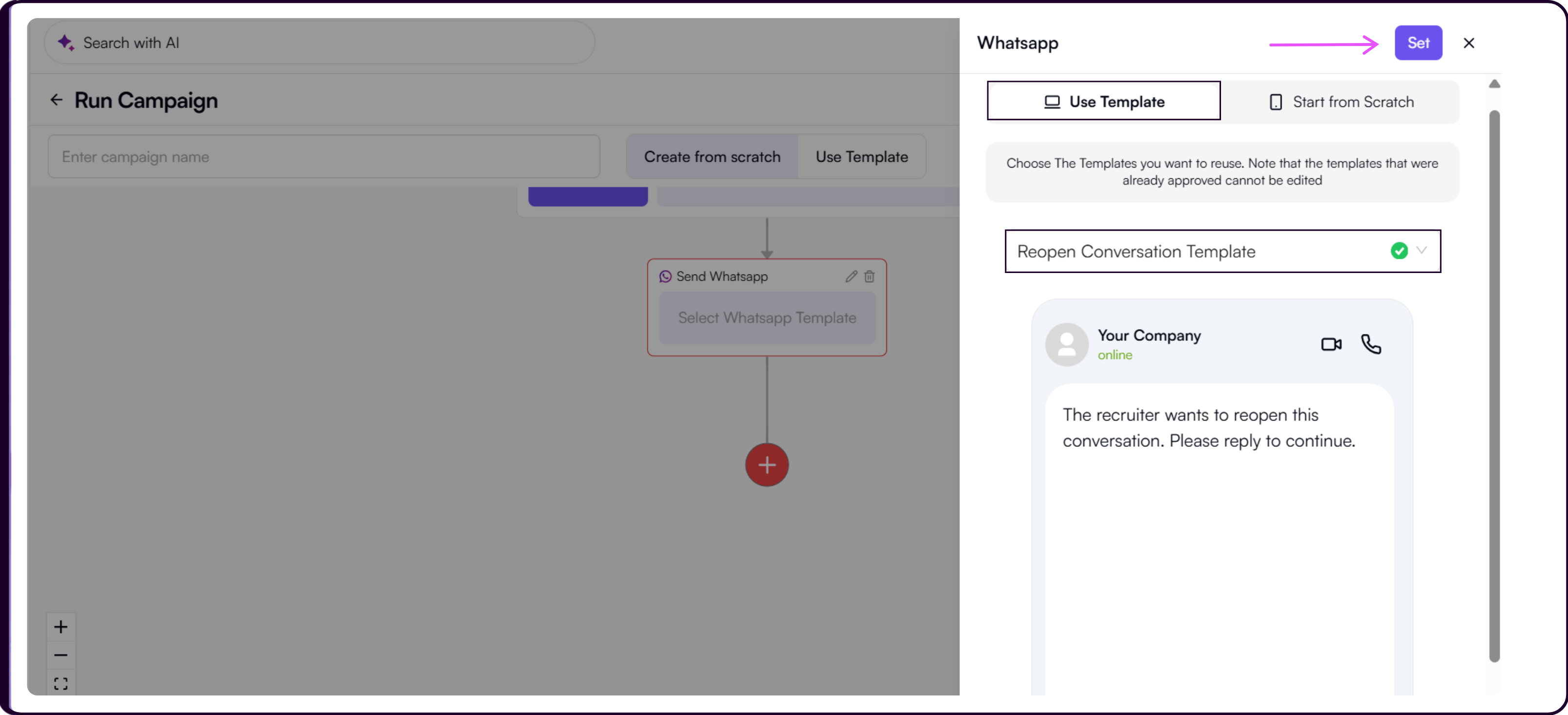 Send WhatsApp panel showing Use Template tab with existing approved WhatsApp templates and message preview
