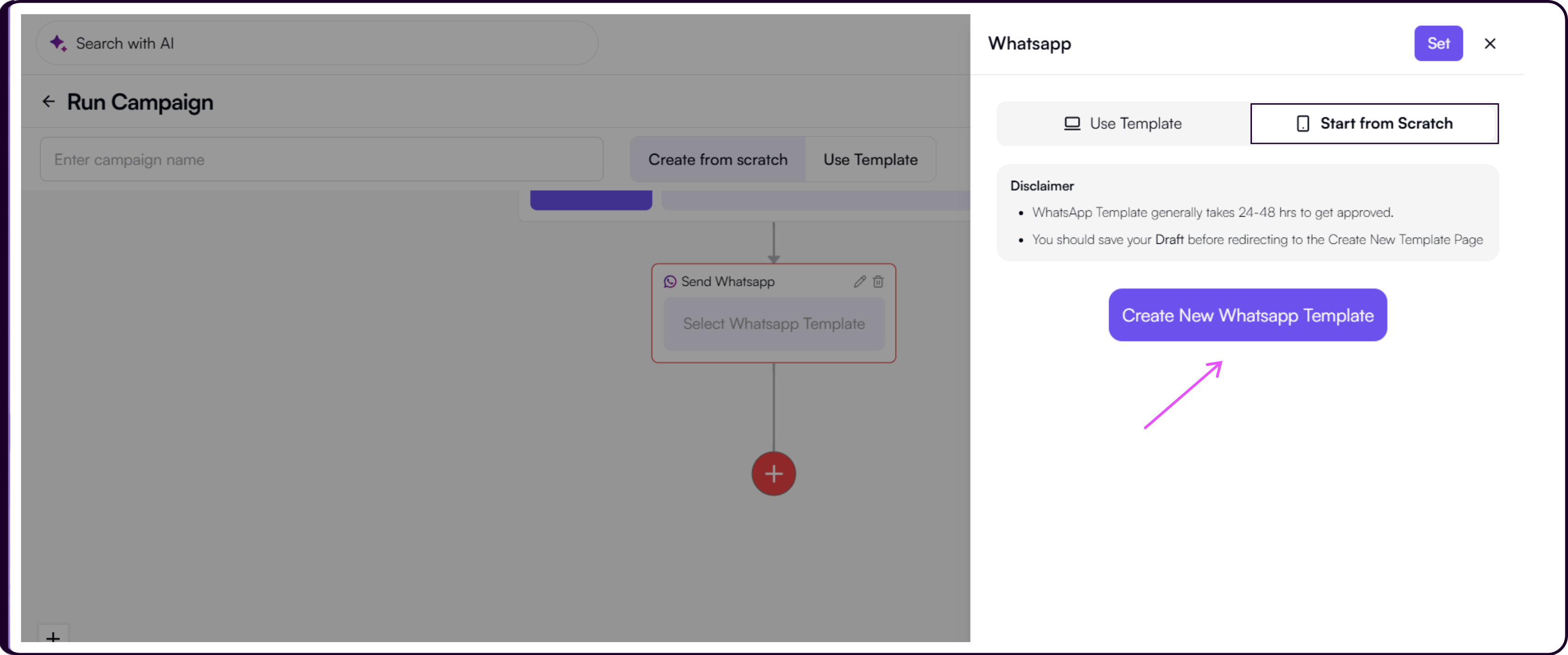 Send WhatsApp panel showing Start from Scratch tab with disclaimer and Create New WhatsApp Template button