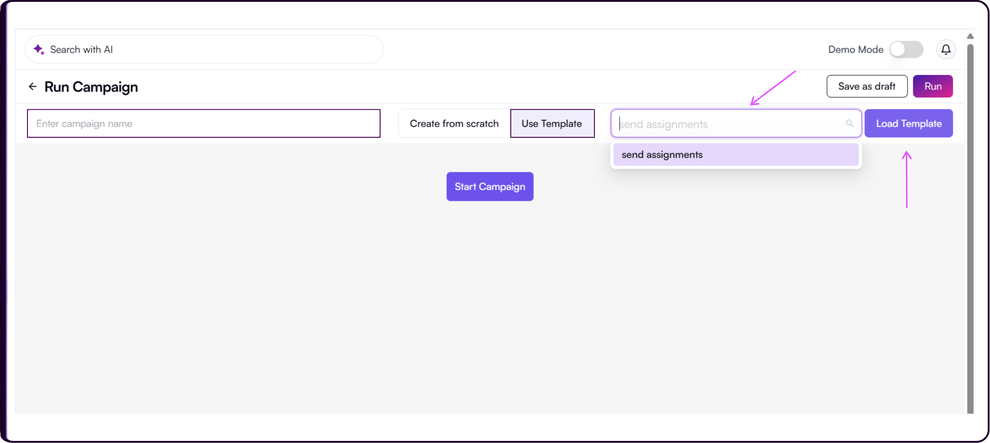 Campaign creation modal with campaign name field and options for Create from Scratch or Use Template