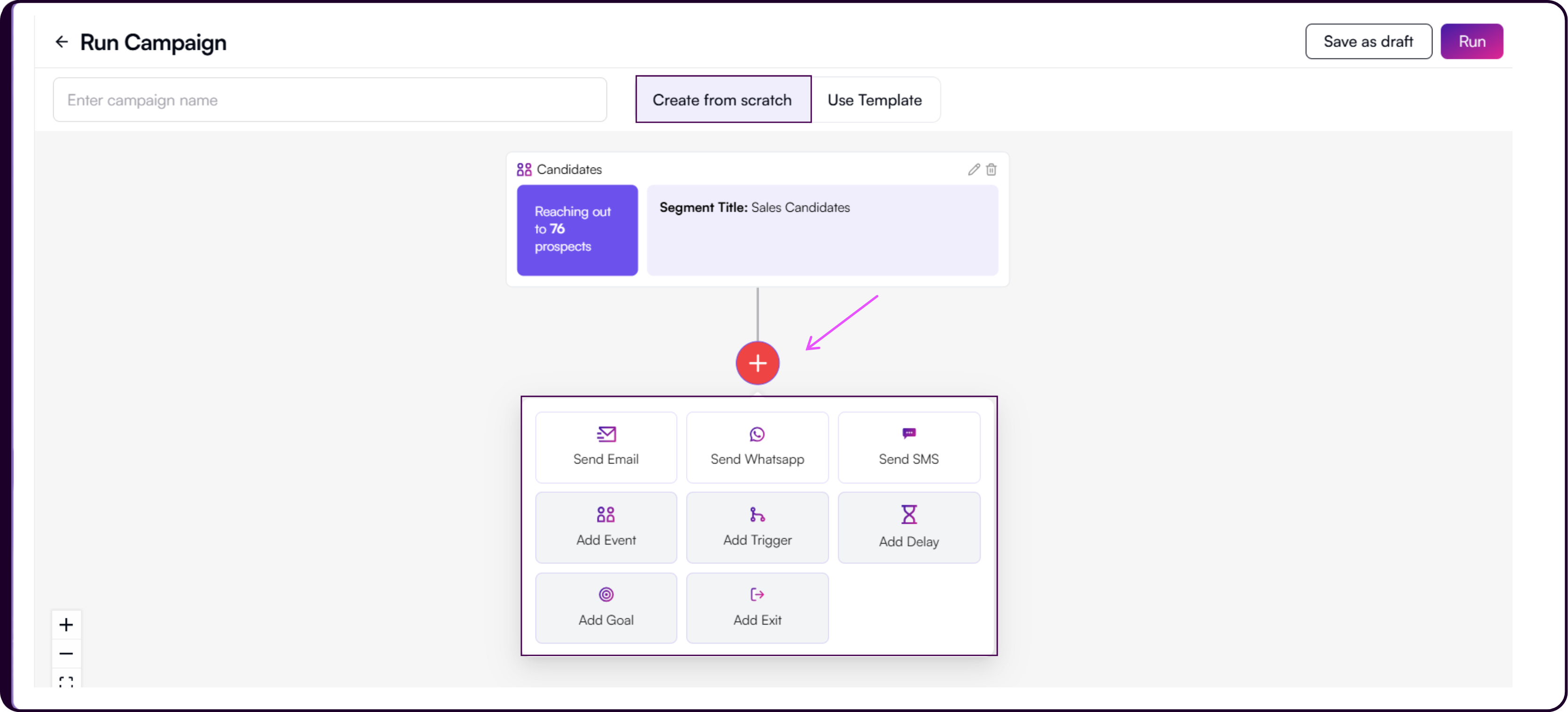 Campaign flow builder showing the plus button to add actions to the outreach sequence