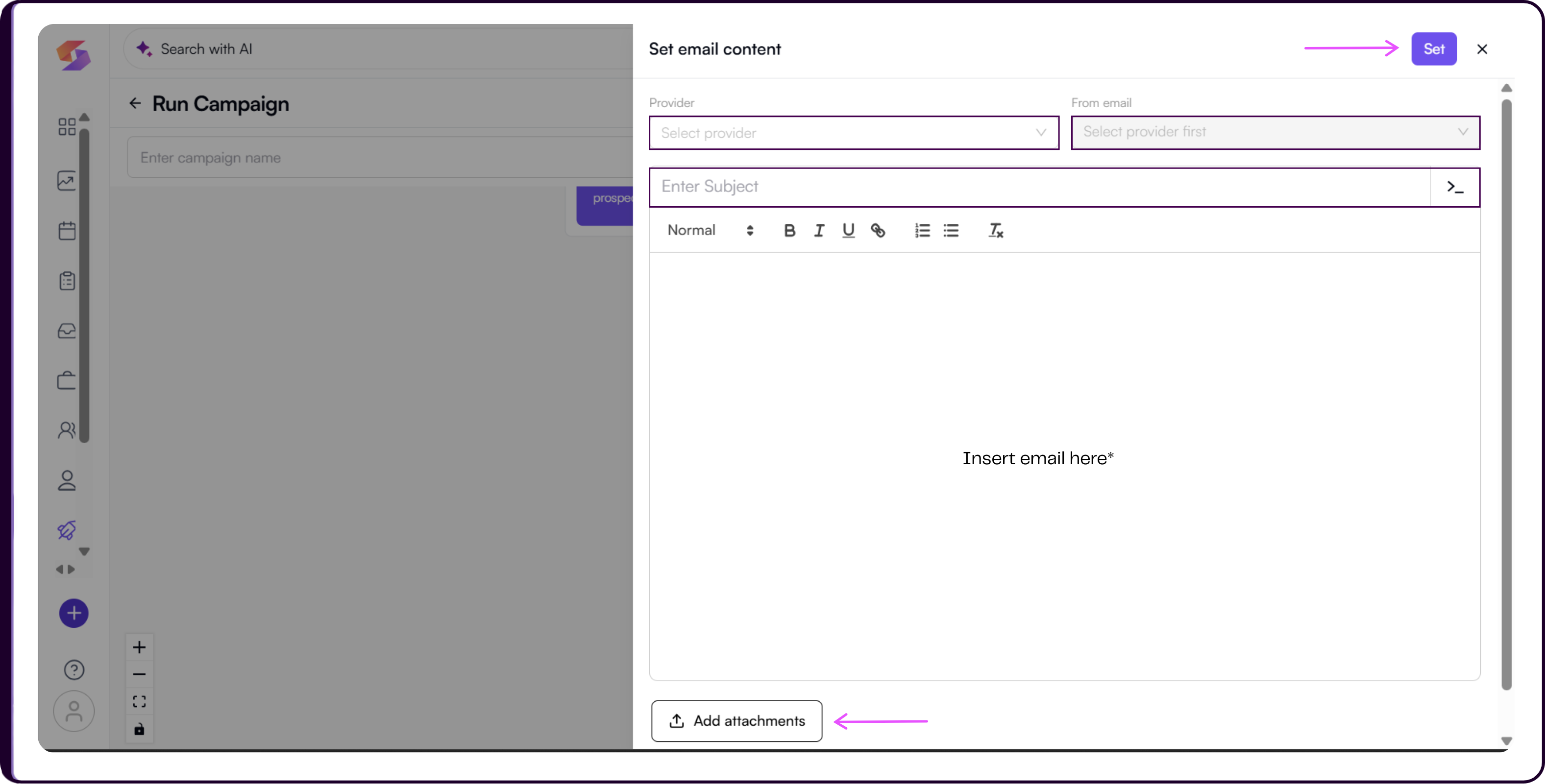 Send Email action panel showing email content editor with personalization placeholders and file attachment option