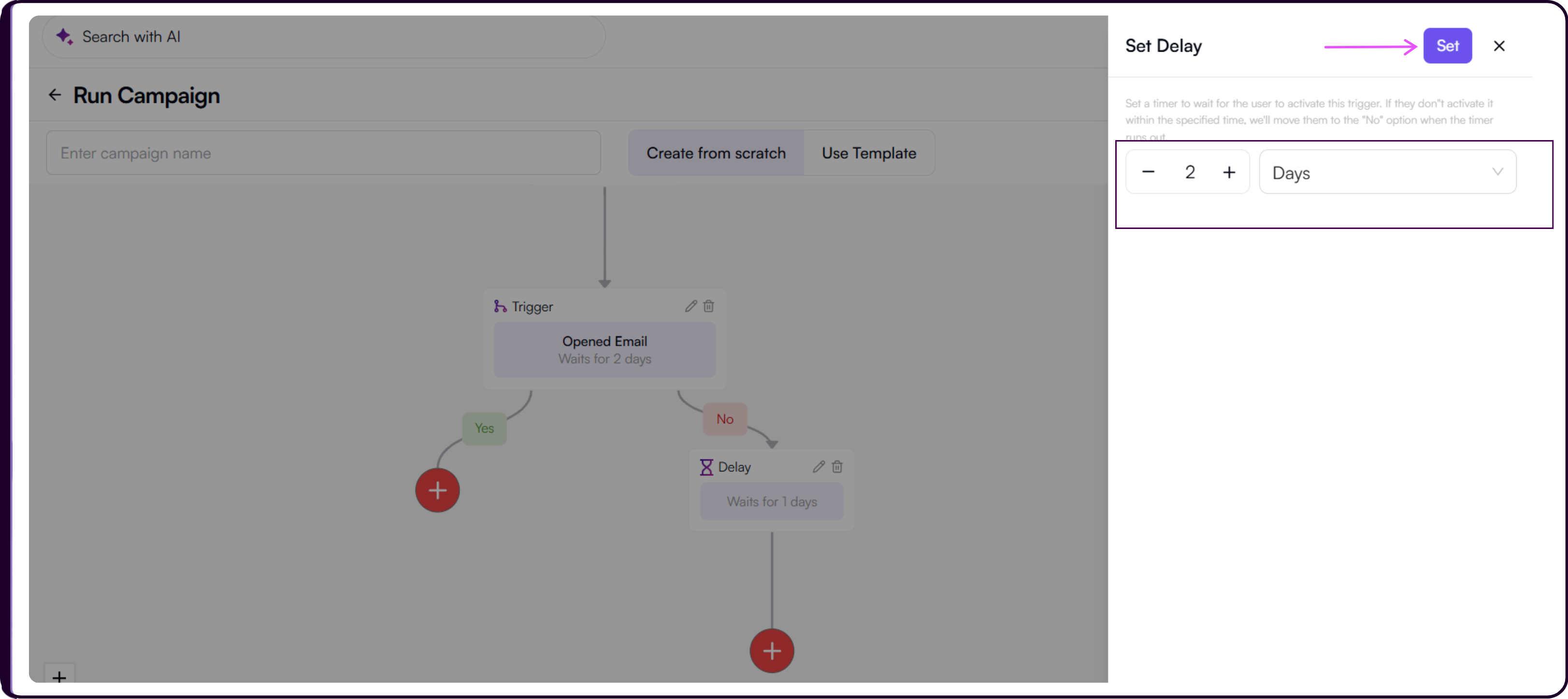 Add Delay action panel showing waiting time input in days, hours, or minutes between campaign steps