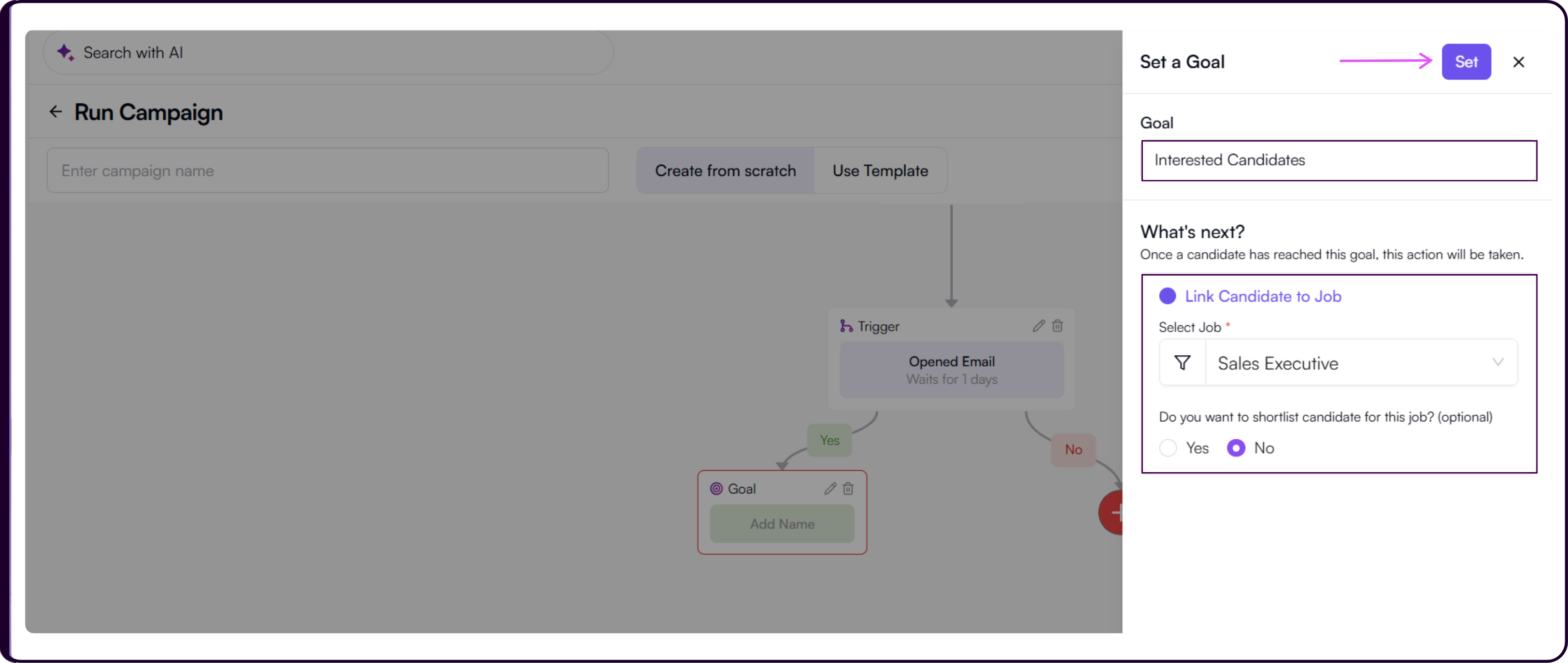 Add Goal action panel with goal name field, Link Candidate to Job option, and shortlisting notes configuration