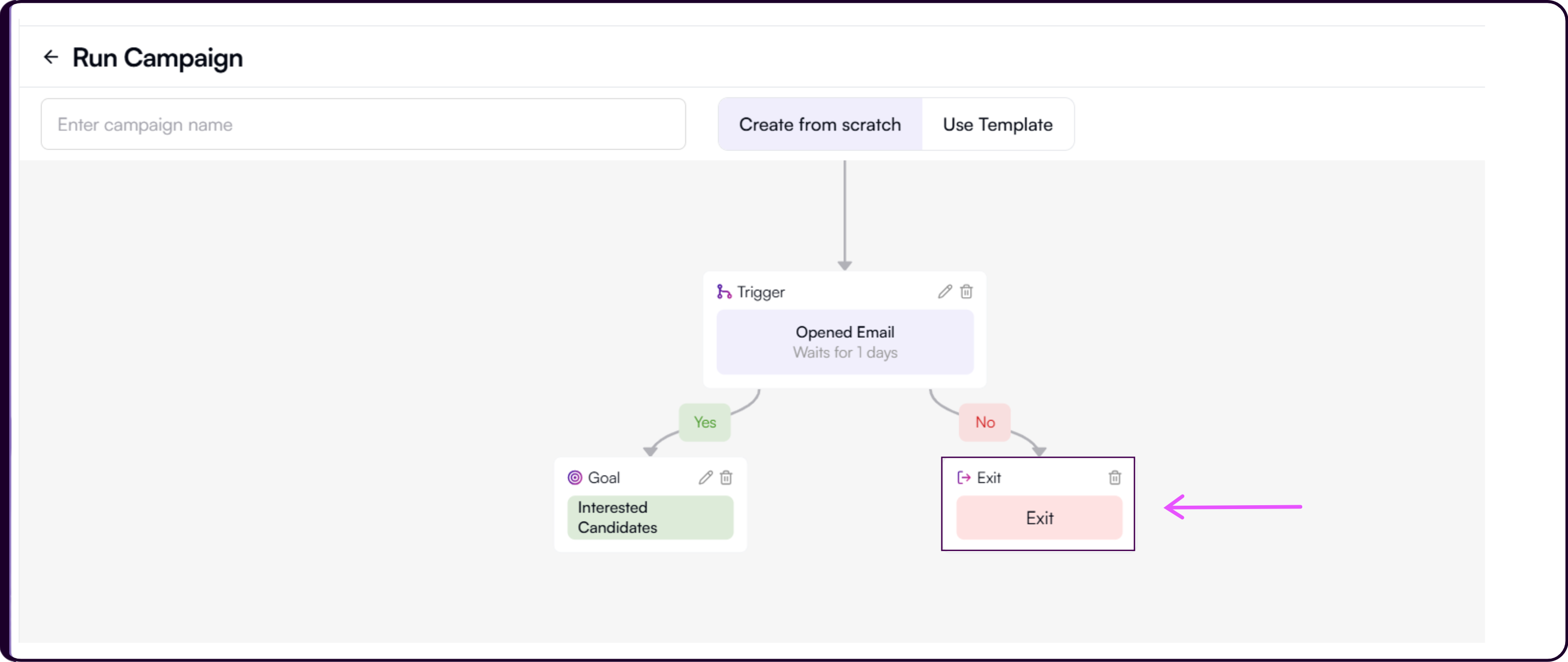 Add Exit action panel for ending the campaign flow sequence at a specific point