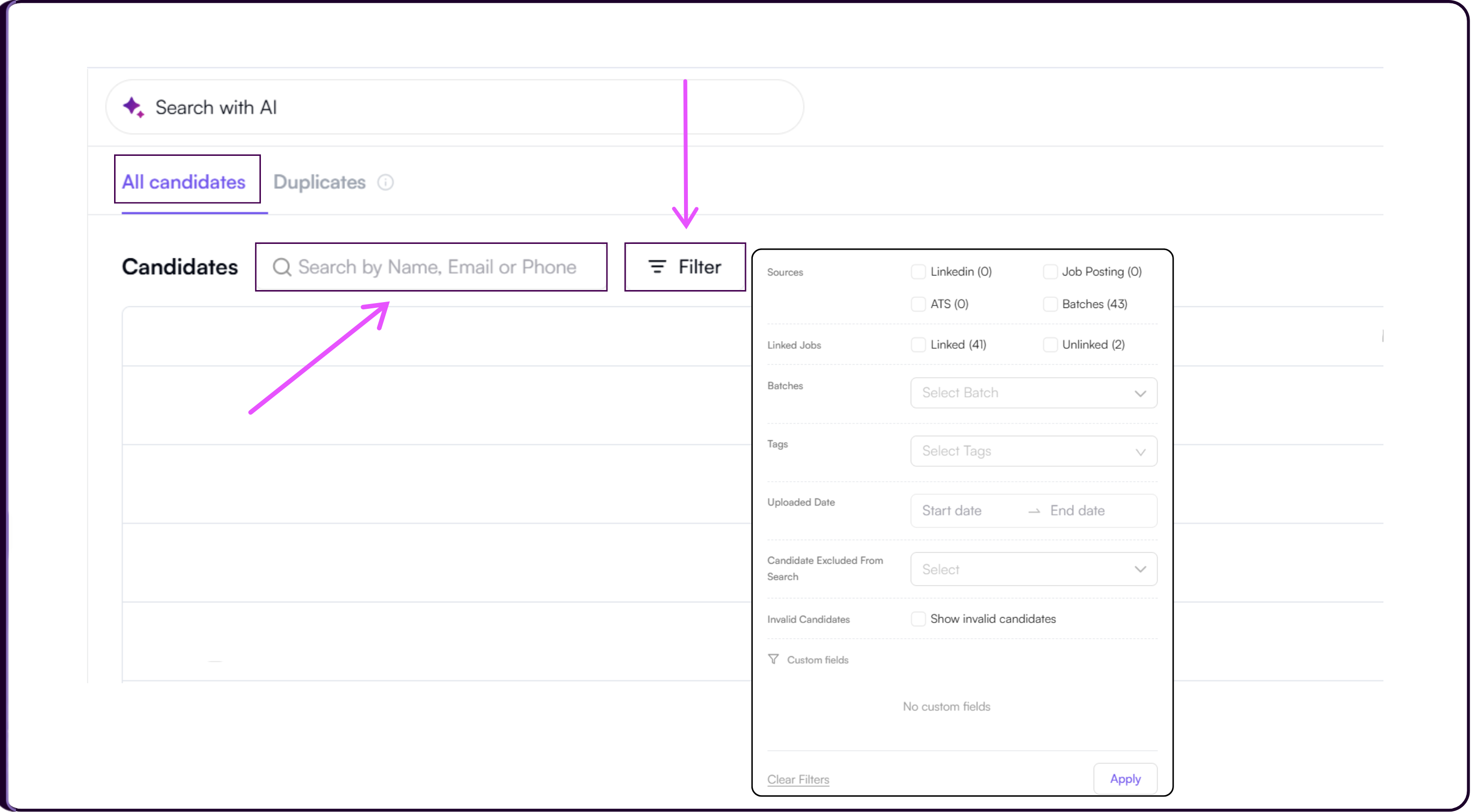 Candidates page header showing search bar for finding candidates by name, email, or phone number