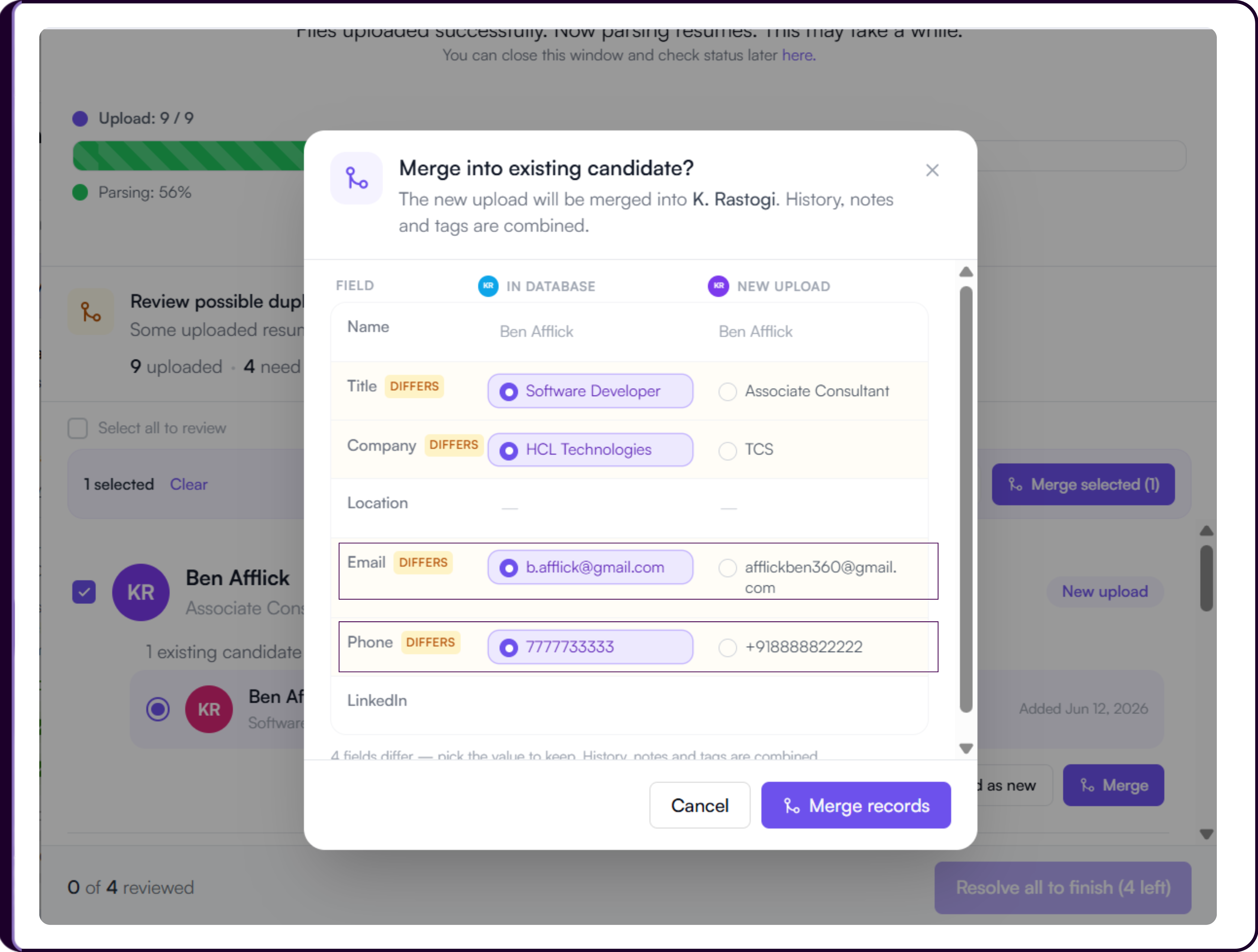 Merge field comparison modal showing differences in Name, Title, Company, Location, Email, Phone, and LinkedIn between two candidate records