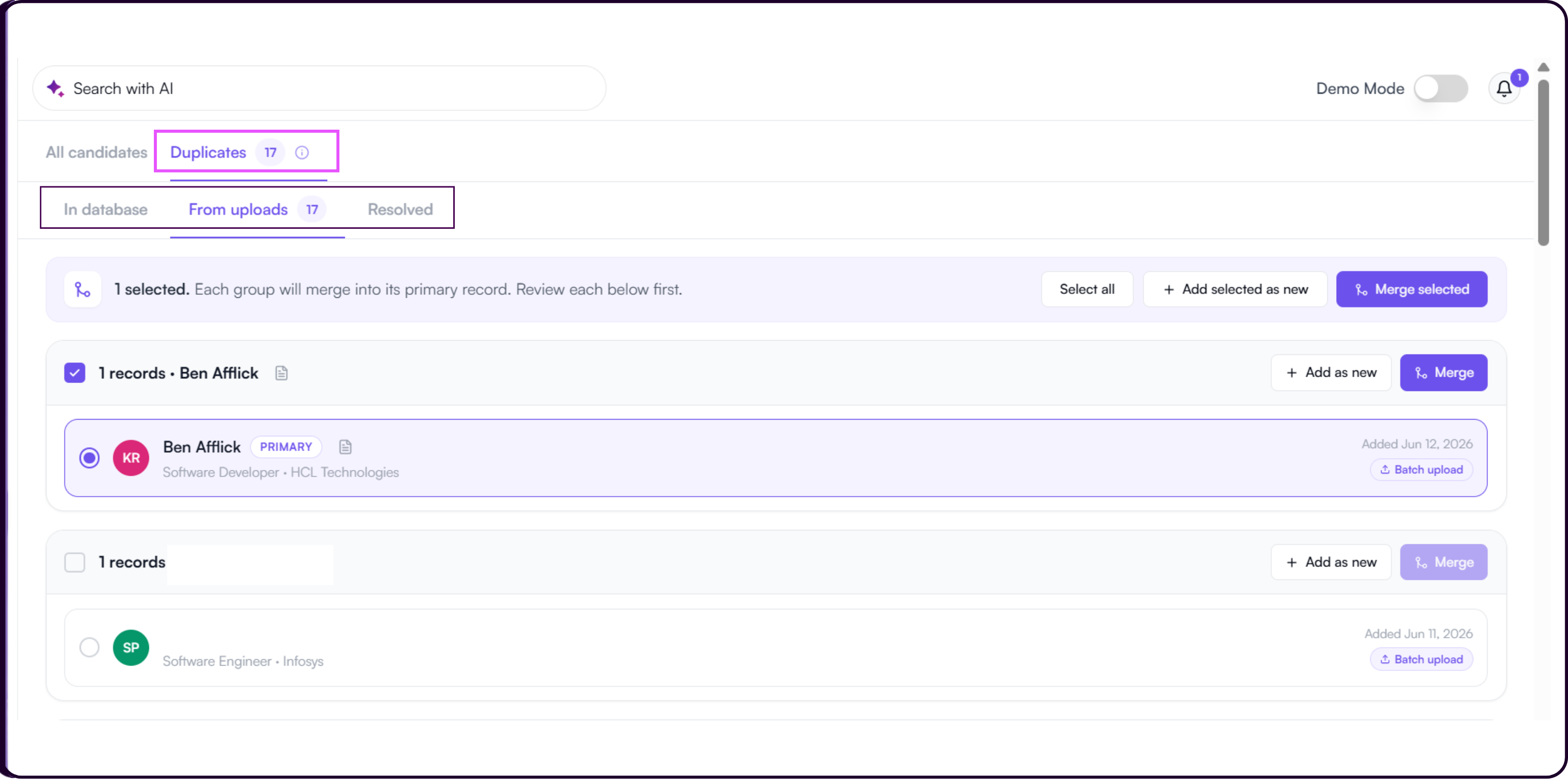 Duplicates tab From Uploads sub-tab showing flagged duplicate candidate groups with matching database records below