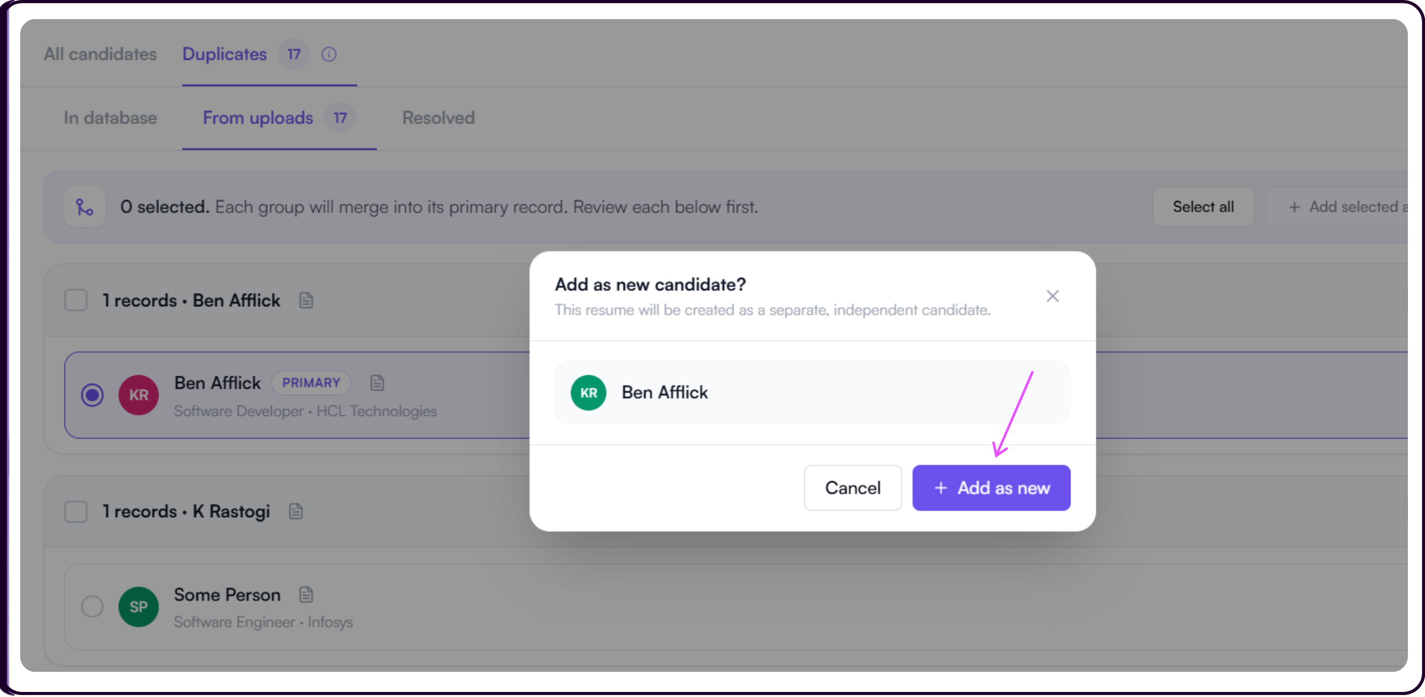 Duplicate resolution options showing Merge button and Add as new button for handling a flagged duplicate candidate
