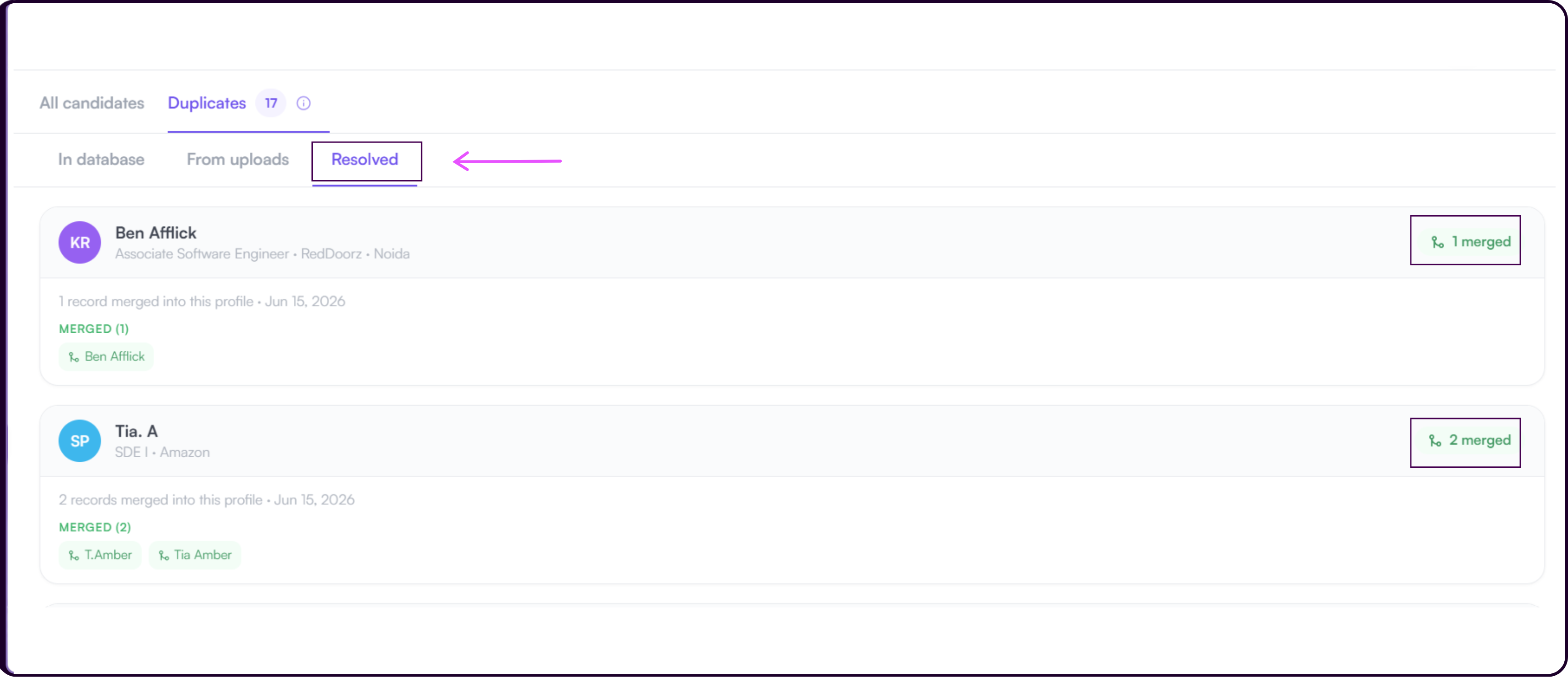 Resolved sub-tab showing audit trail of handled duplicates with candidate name, resolution type, date, and profile link