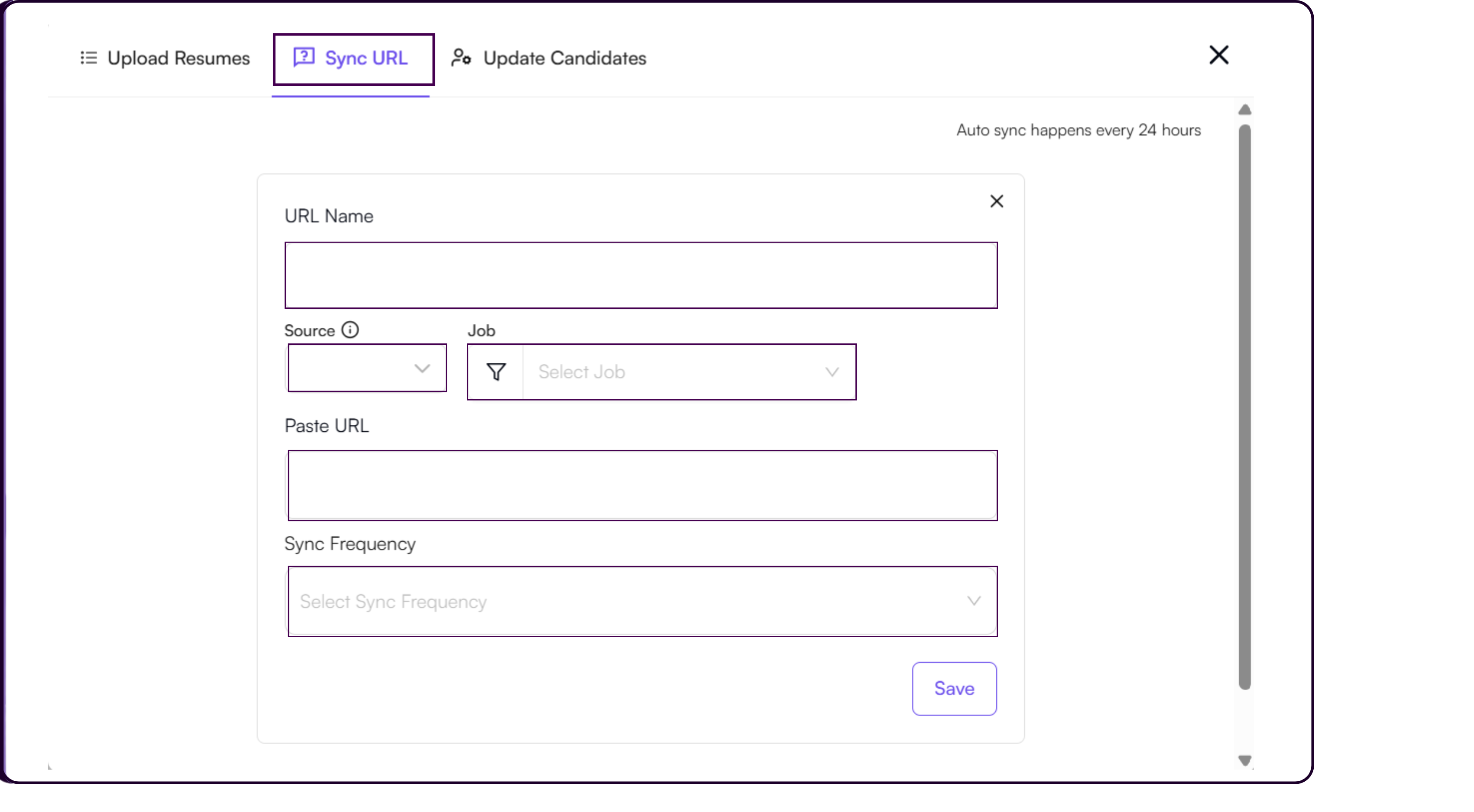 Sync URL option showing URL name, source, job association, paste URL field, and sync frequency selector