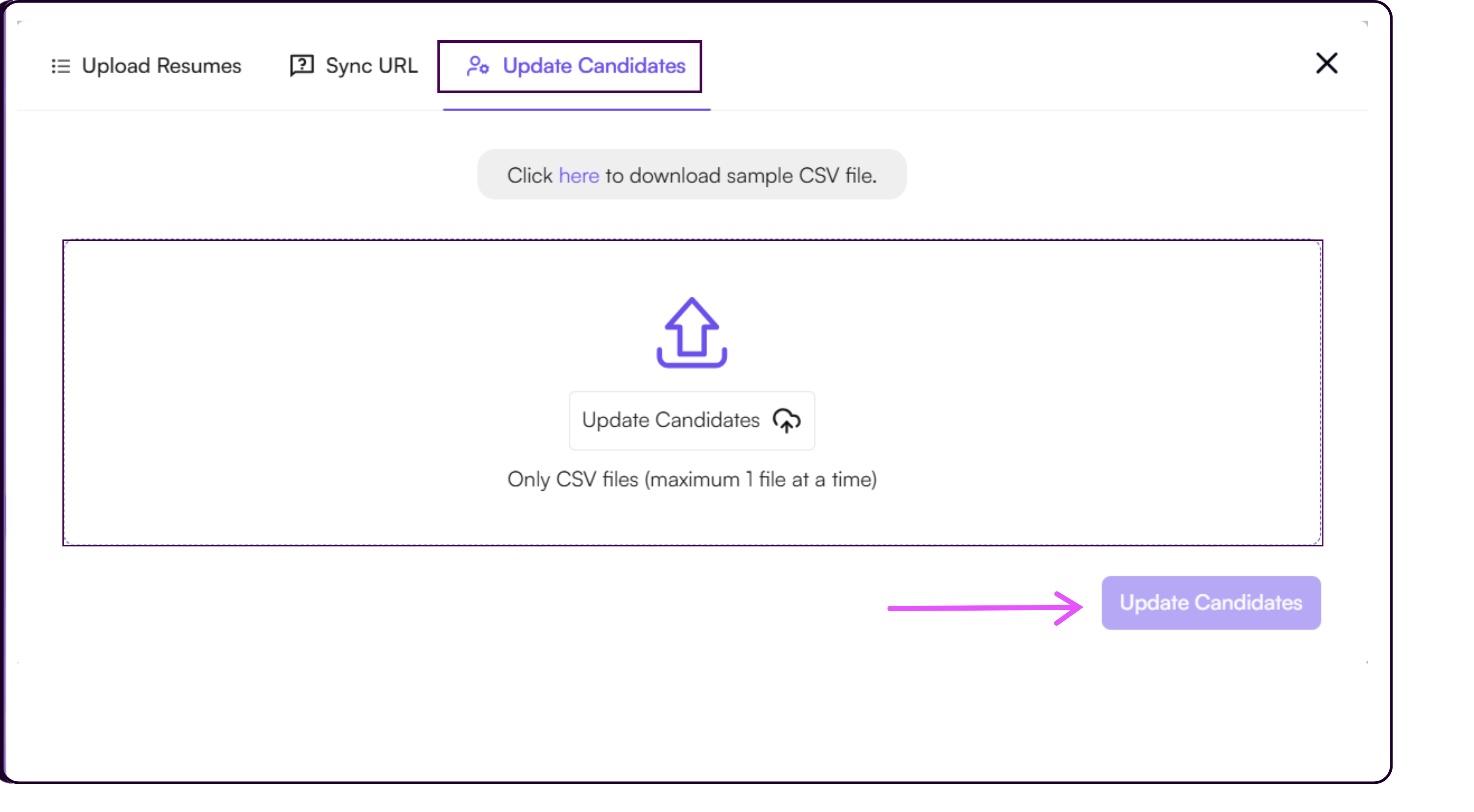 Update Candidates option showing CSV file download link and file upload for updating existing candidate records
