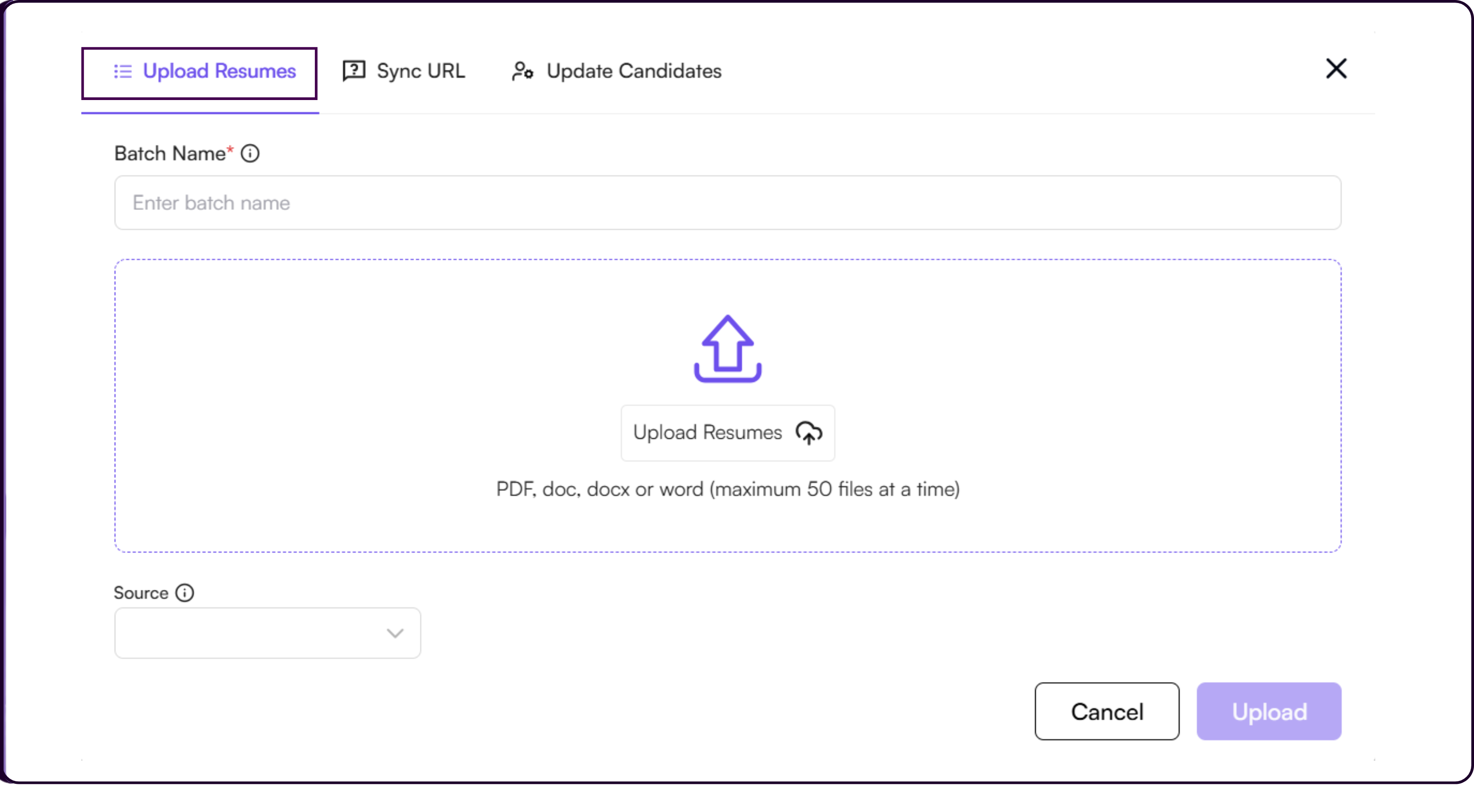 Upload Candidates modal showing Upload Resumes option for manually adding candidate files to Skima AI