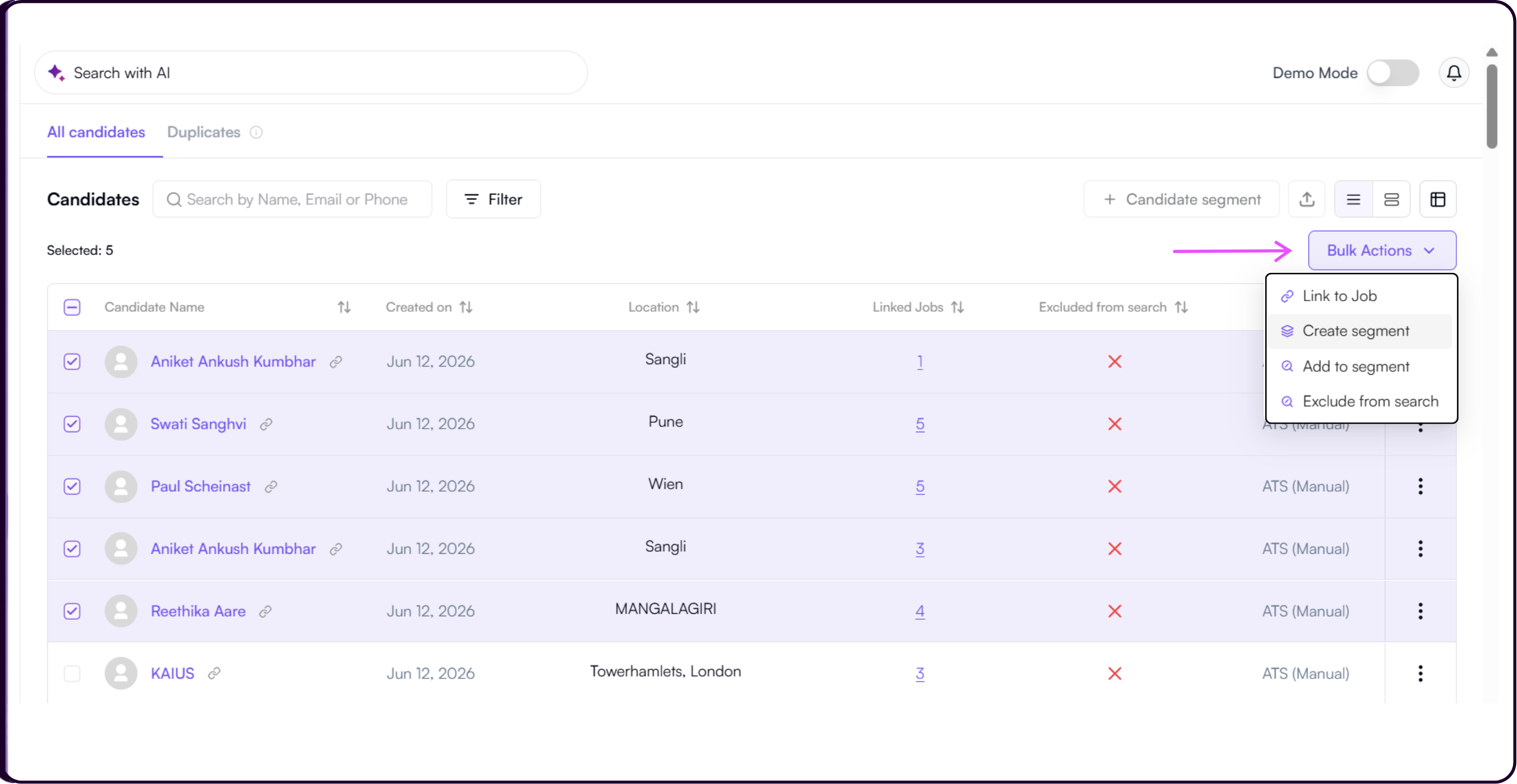 Candidates page with bulk action checkboxes selected showing Link to Job, Create Segment, Add to Segment, and Exclude from Search options