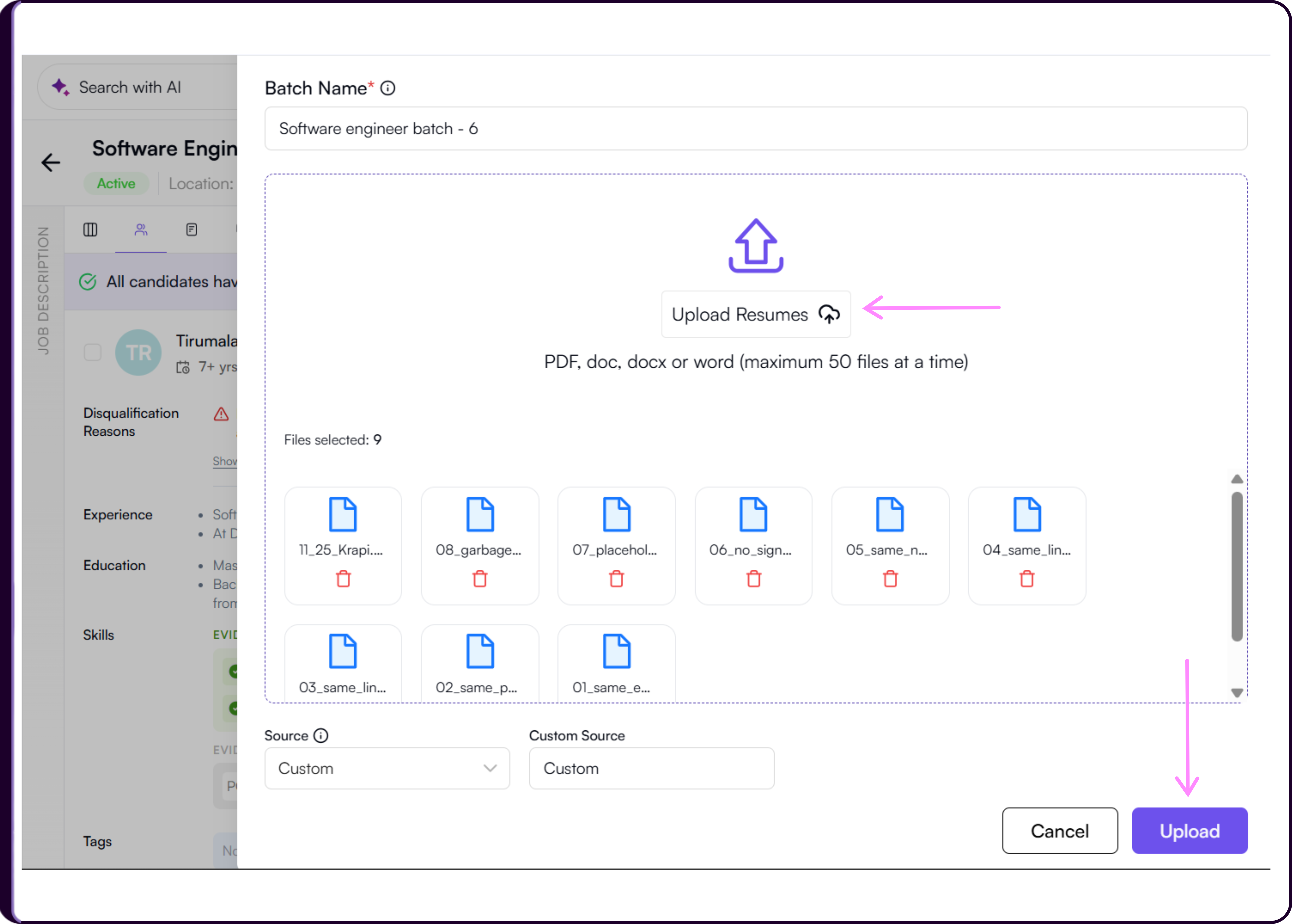 Jobs page showing the Upload icon for uploading resumes to a specific job in Skima AI