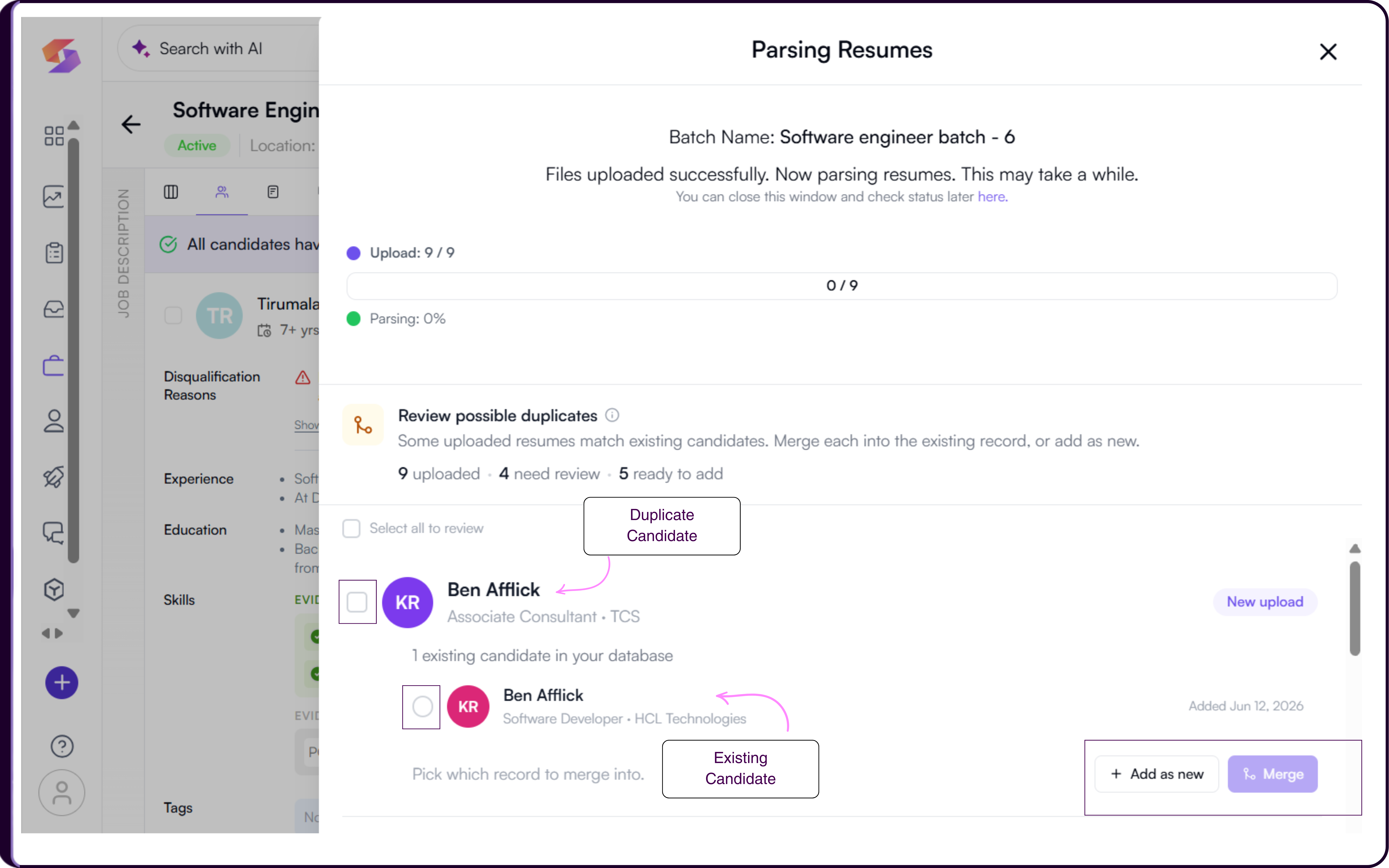 Upload modal showing Review possible duplicates section with counts for resumes uploaded, needing review, and ready to add