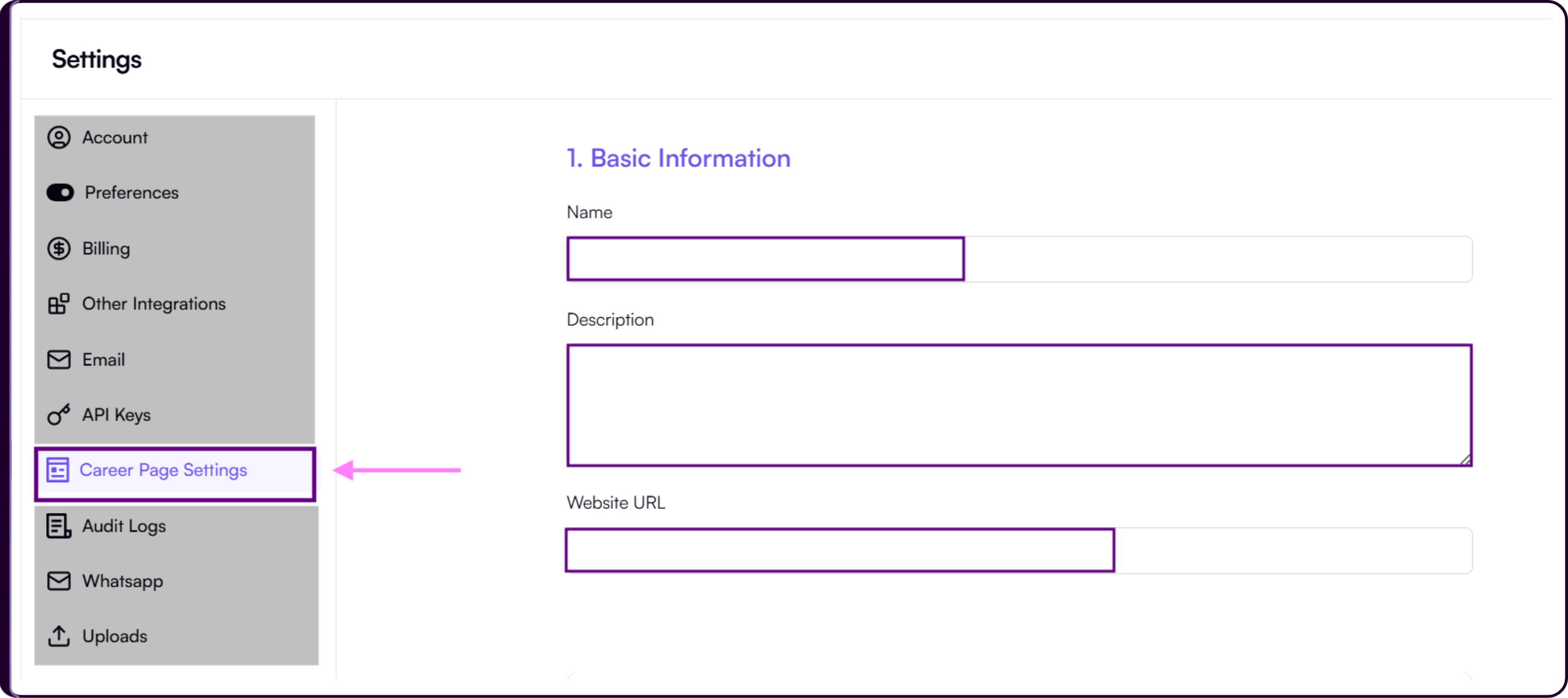 Career Page Basic Information settings showing organization name, description, and website URL fields