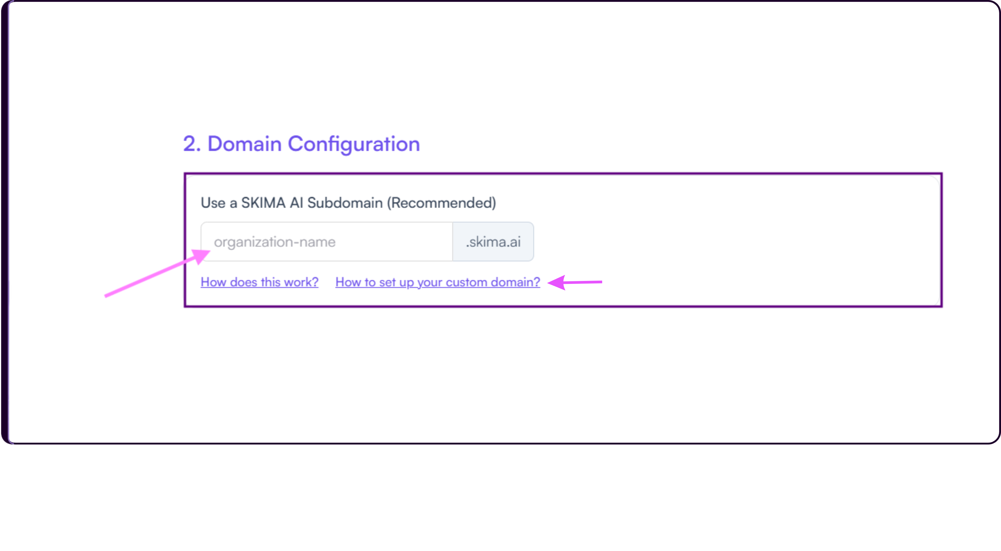 Career Page domain configuration showing the Skima AI subdomain setup option with subdomain prefix field