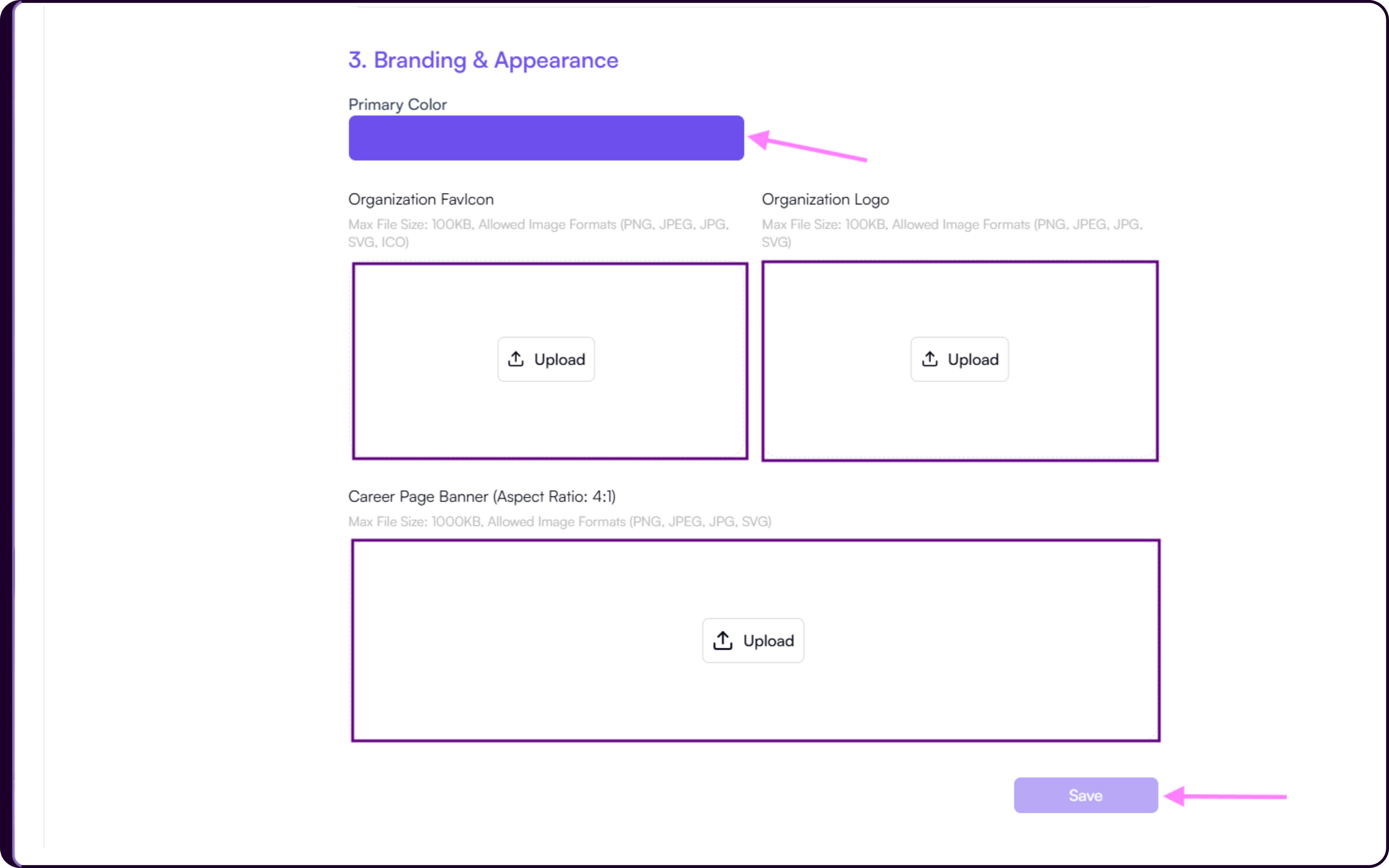 Career Page branding settings showing primary color picker, favicon upload, and organization logo upload options