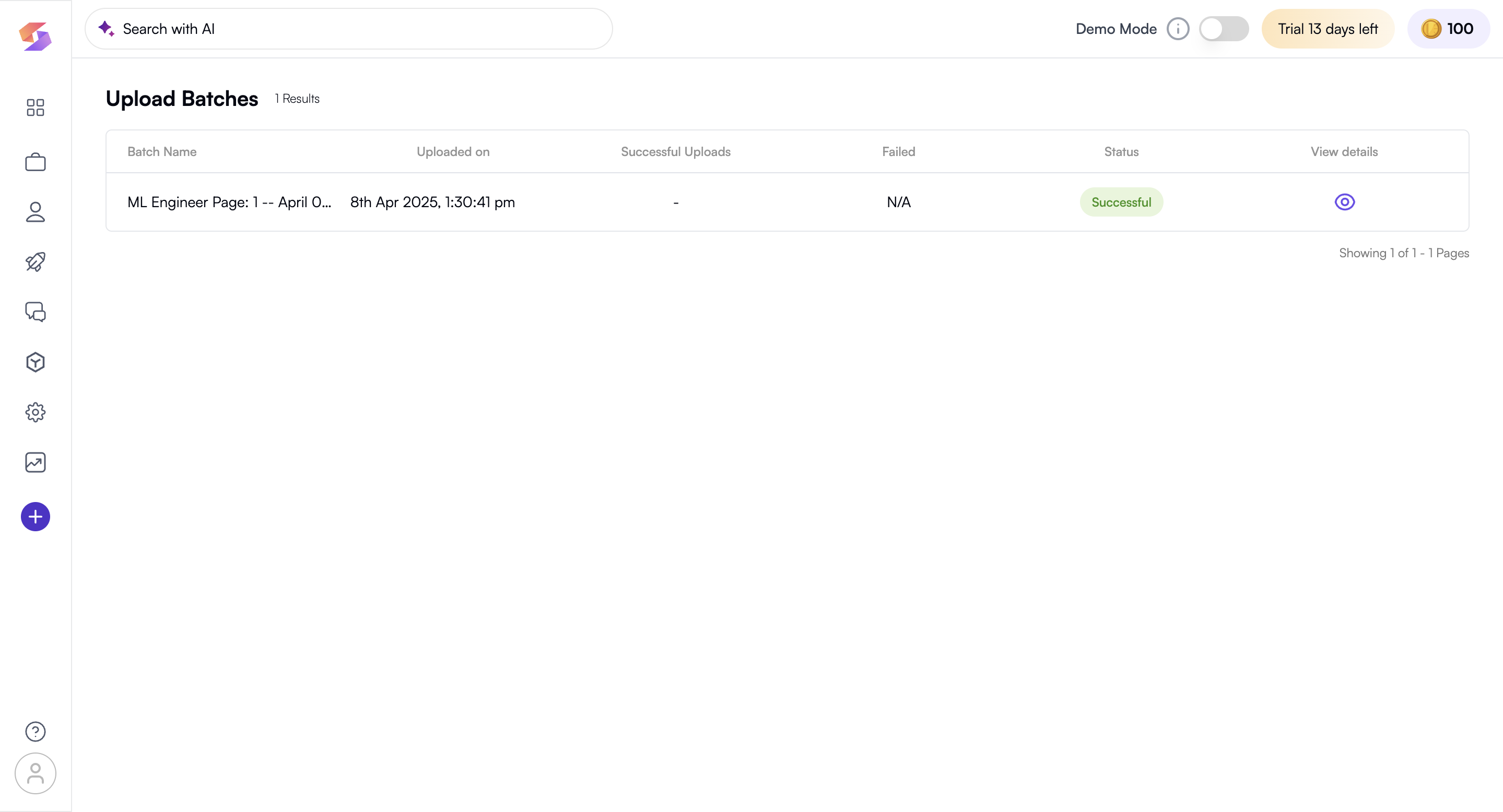 Upload settings page showing batch upload history with job title, upload date, status, and successful vs failed upload counts