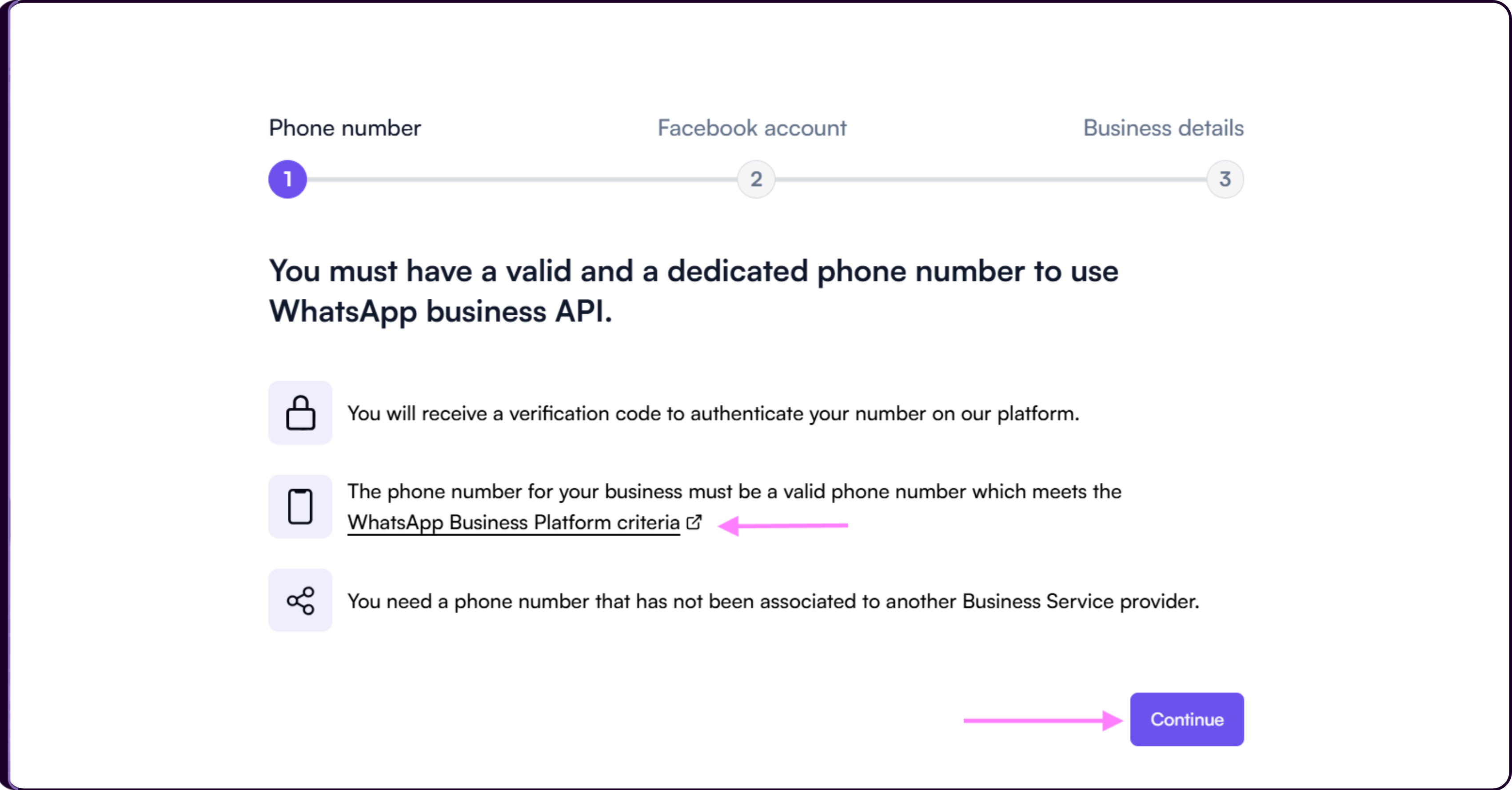 Business phone number requirements screen for WhatsApp Business Platform onboarding