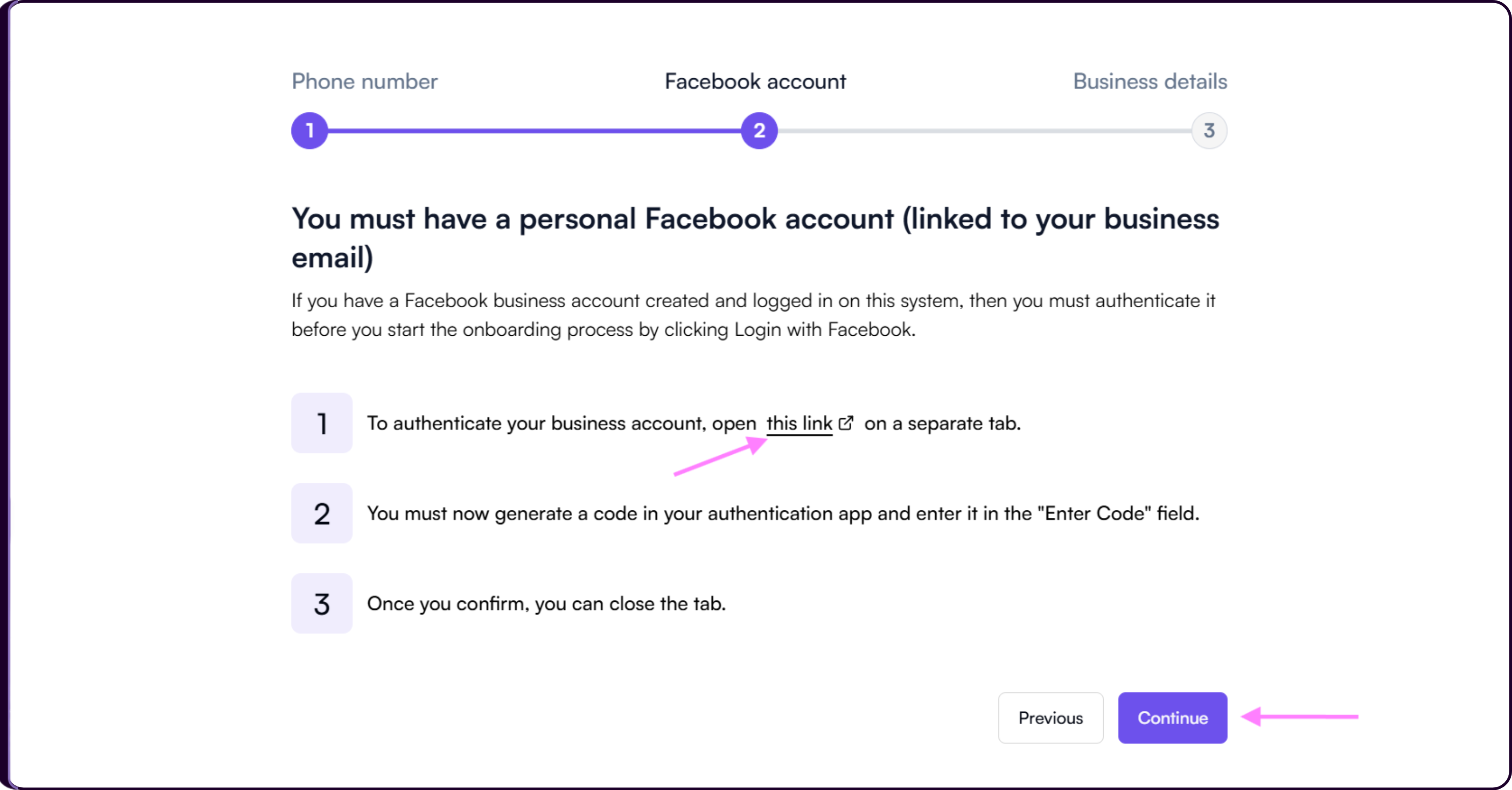 Facebook Business account authentication screen for WhatsApp Business API setup in Skima AI