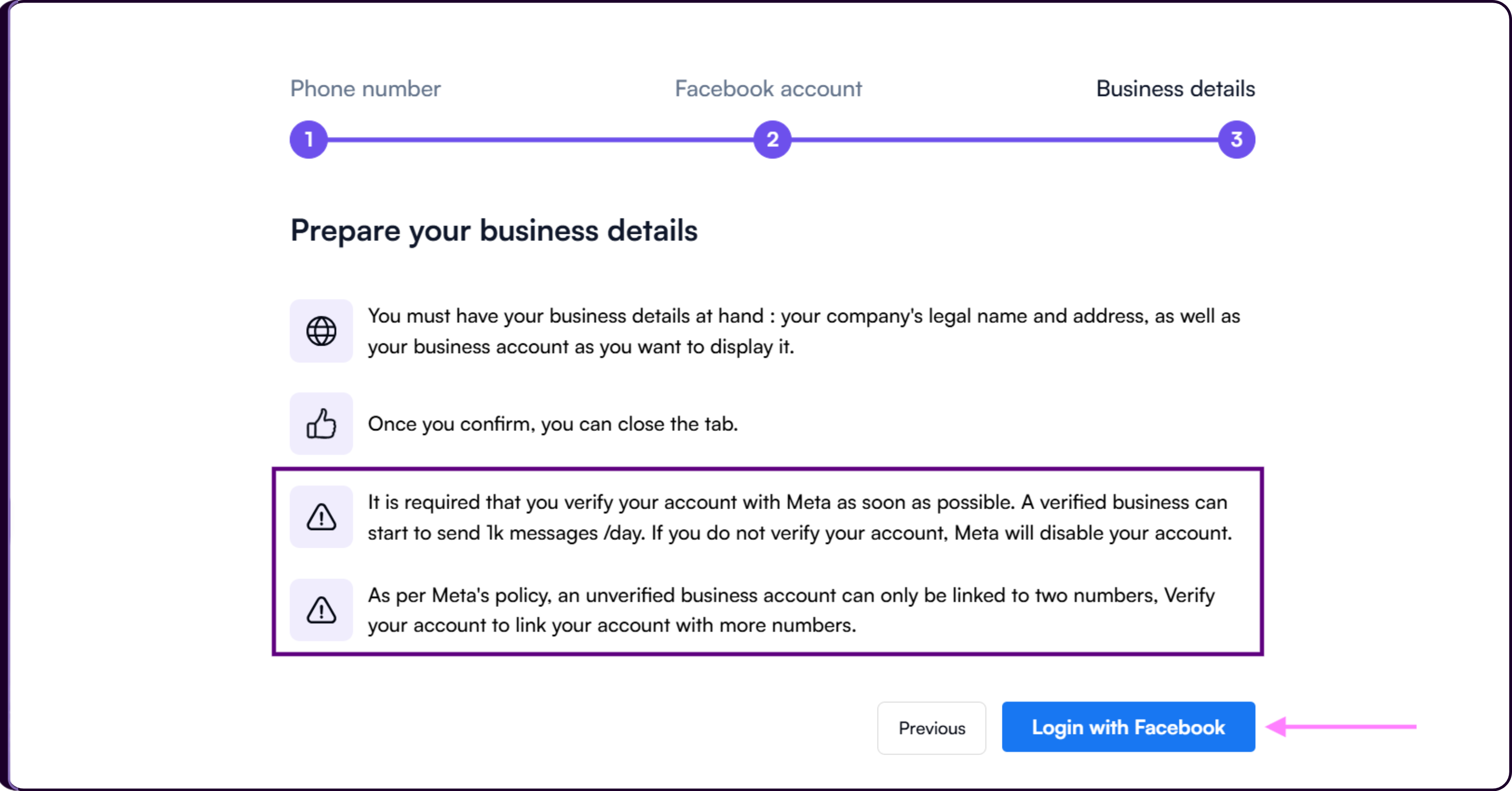 Business details preparation screen with Login with Facebook button for WhatsApp onboarding in Skima AI
